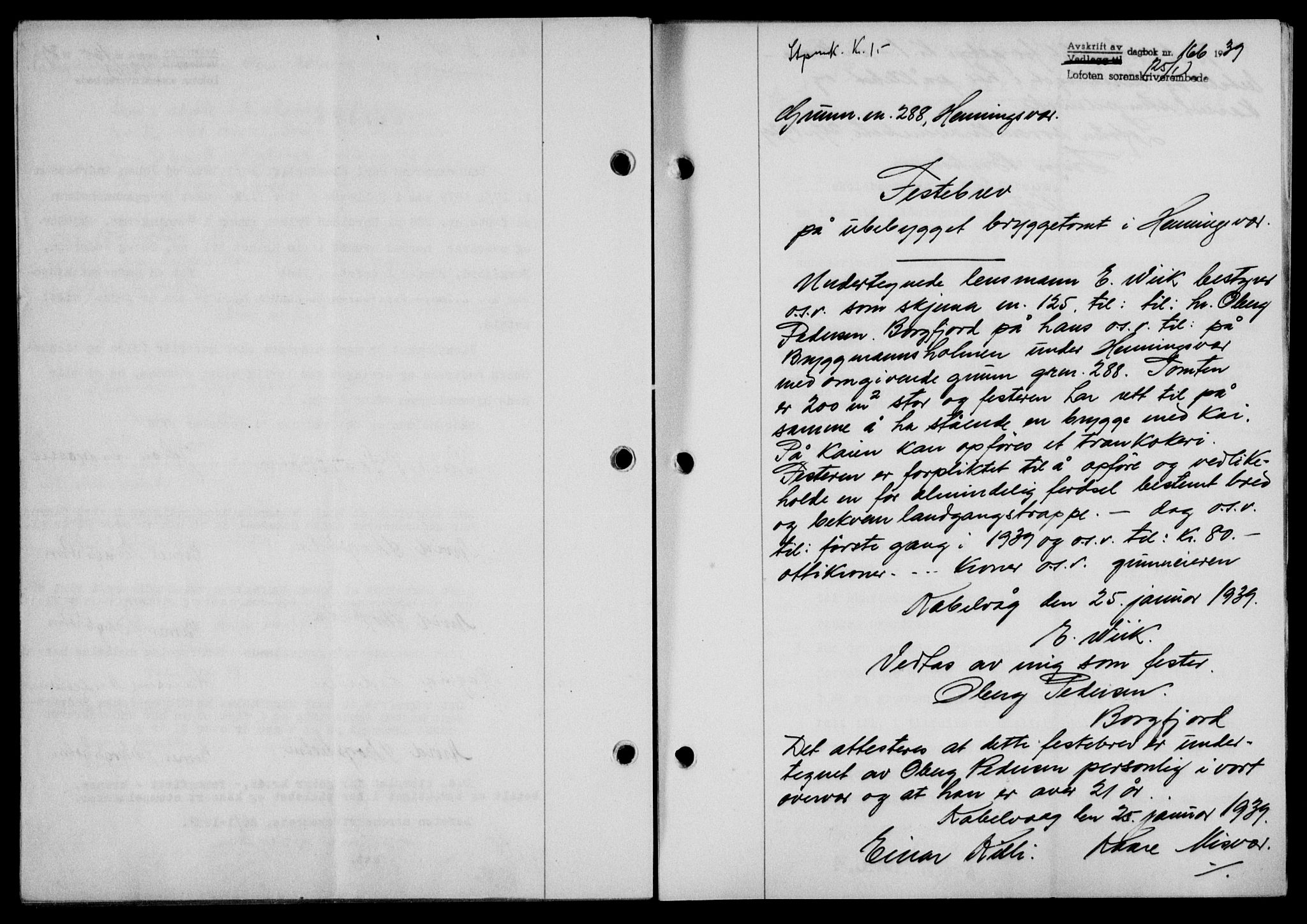 Lofoten sorenskriveri, SAT/A-0017/1/2/2C/L0005a: Mortgage book no. 5a, 1939-1939, Diary no: : 166/1939