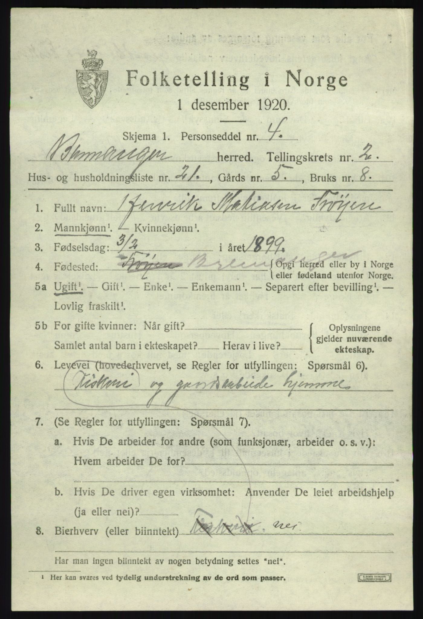 SAB, 1920 census for Bremanger, 1920, p. 2012
