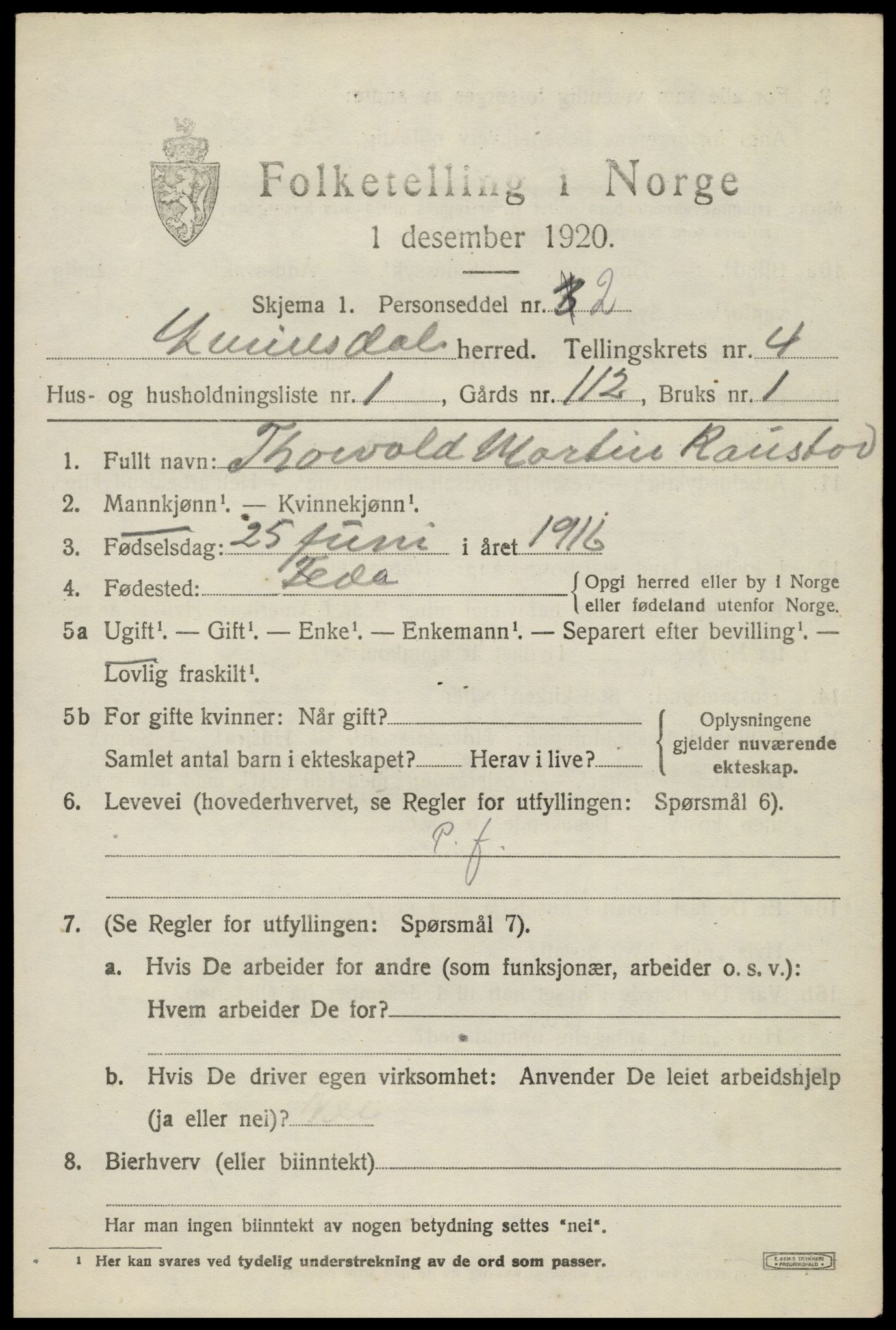 SAK, 1920 census for Kvinesdal, 1920, p. 4485