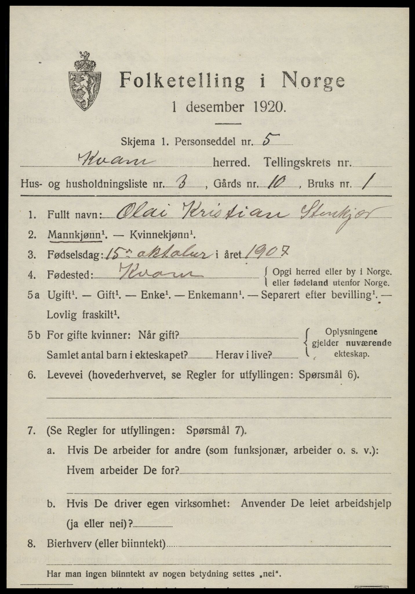 SAT, 1920 census for Kvam, 1920, p. 2537