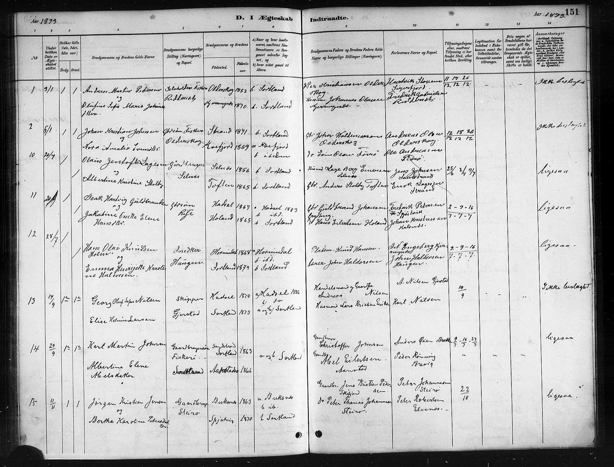 Ministerialprotokoller, klokkerbøker og fødselsregistre - Nordland, SAT/A-1459/895/L1382: Parish register (copy) no. 895C04, 1885-1896, p. 151