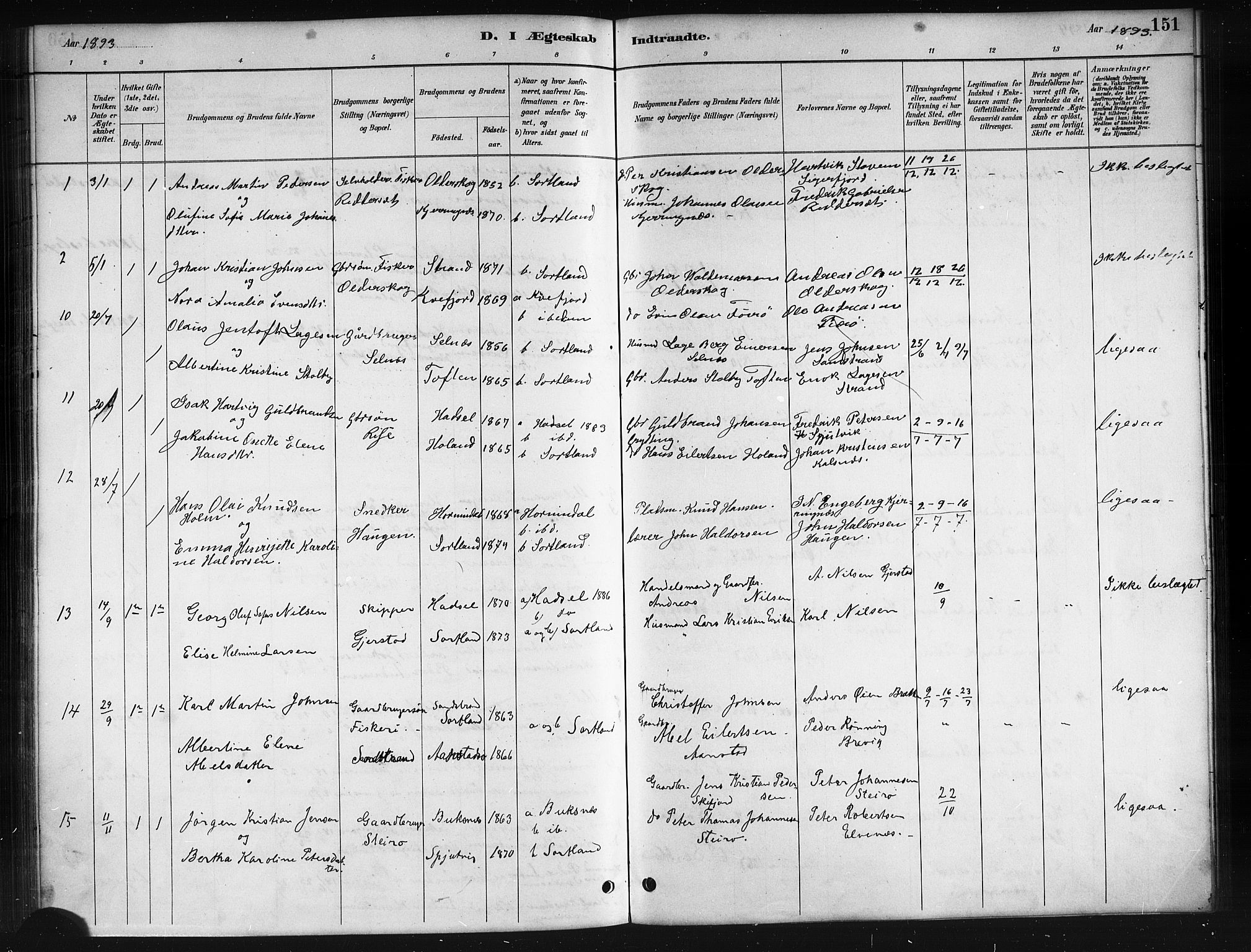 Ministerialprotokoller, klokkerbøker og fødselsregistre - Nordland, AV/SAT-A-1459/895/L1382: Parish register (copy) no. 895C04, 1885-1896, p. 151