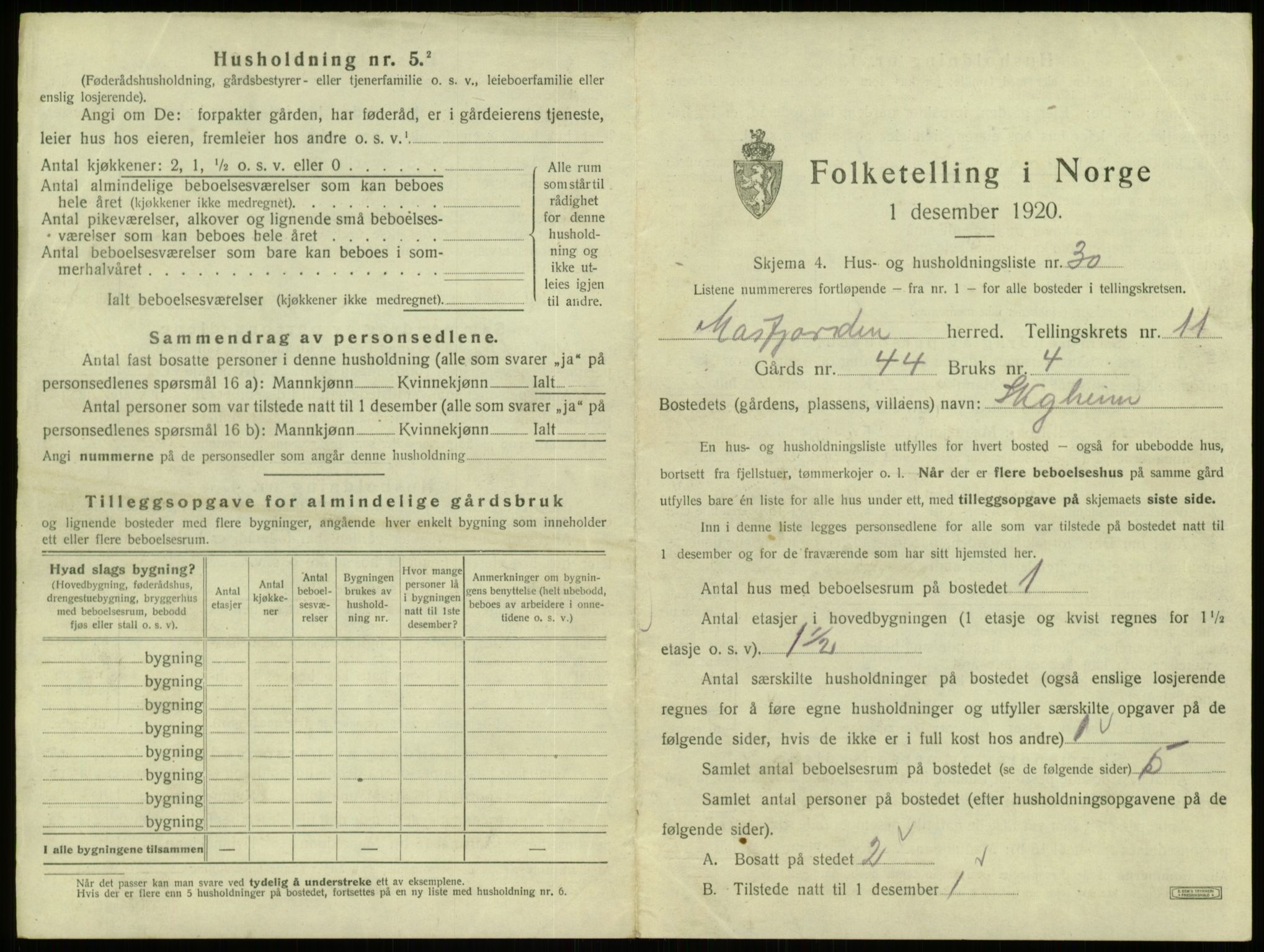 SAB, 1920 census for Masfjorden, 1920, p. 594