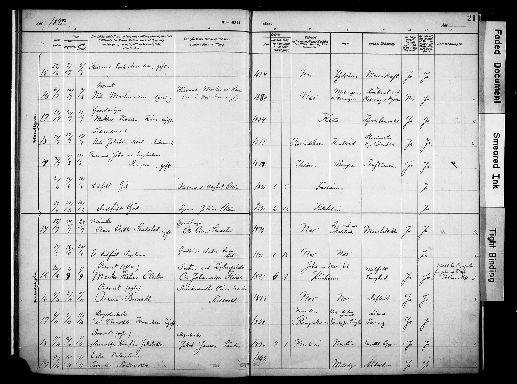 Nes prestekontor, Hedmark, AV/SAH-PREST-020/K/Ka/L0011: Parish register (official) no. 11, 1887-1905, p. 21