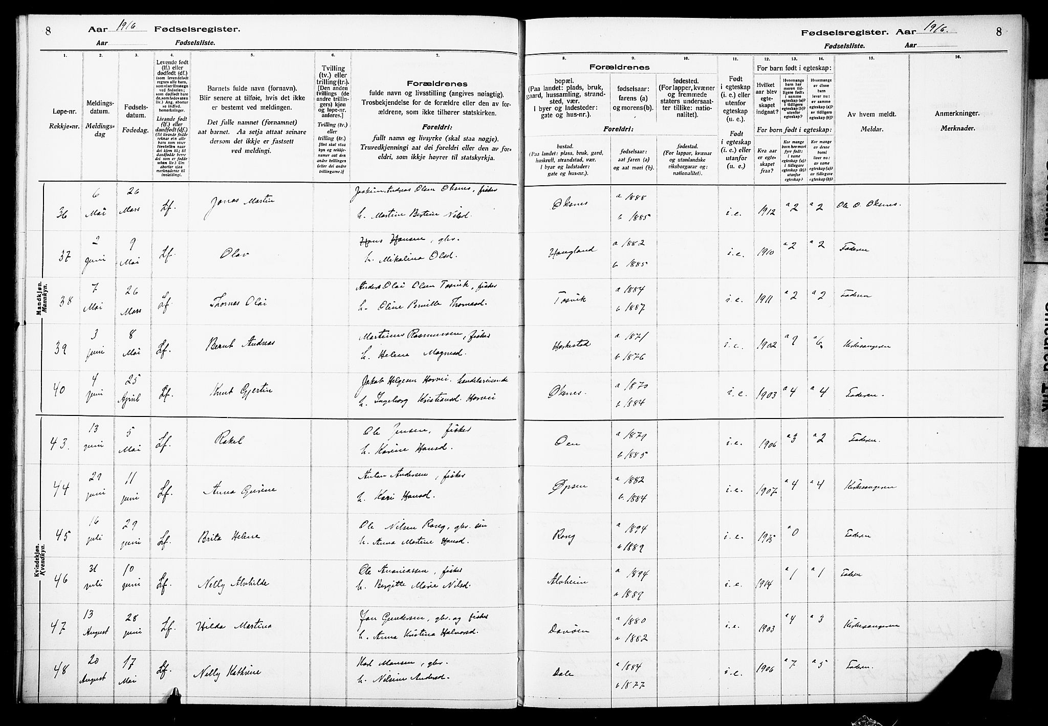 Herdla Sokneprestembete, SAB/A-75701/I/Id/L00A1: Birth register no. A 1, 1916-1929, p. 8