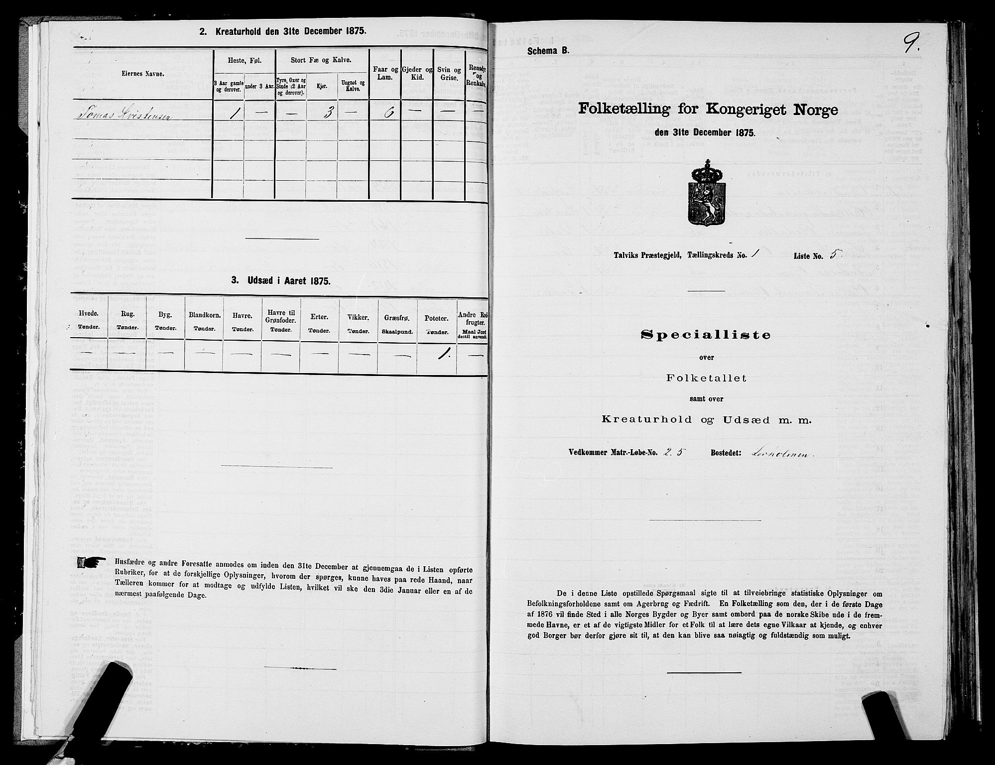 SATØ, 1875 census for 2013P Talvik, 1875, p. 1009