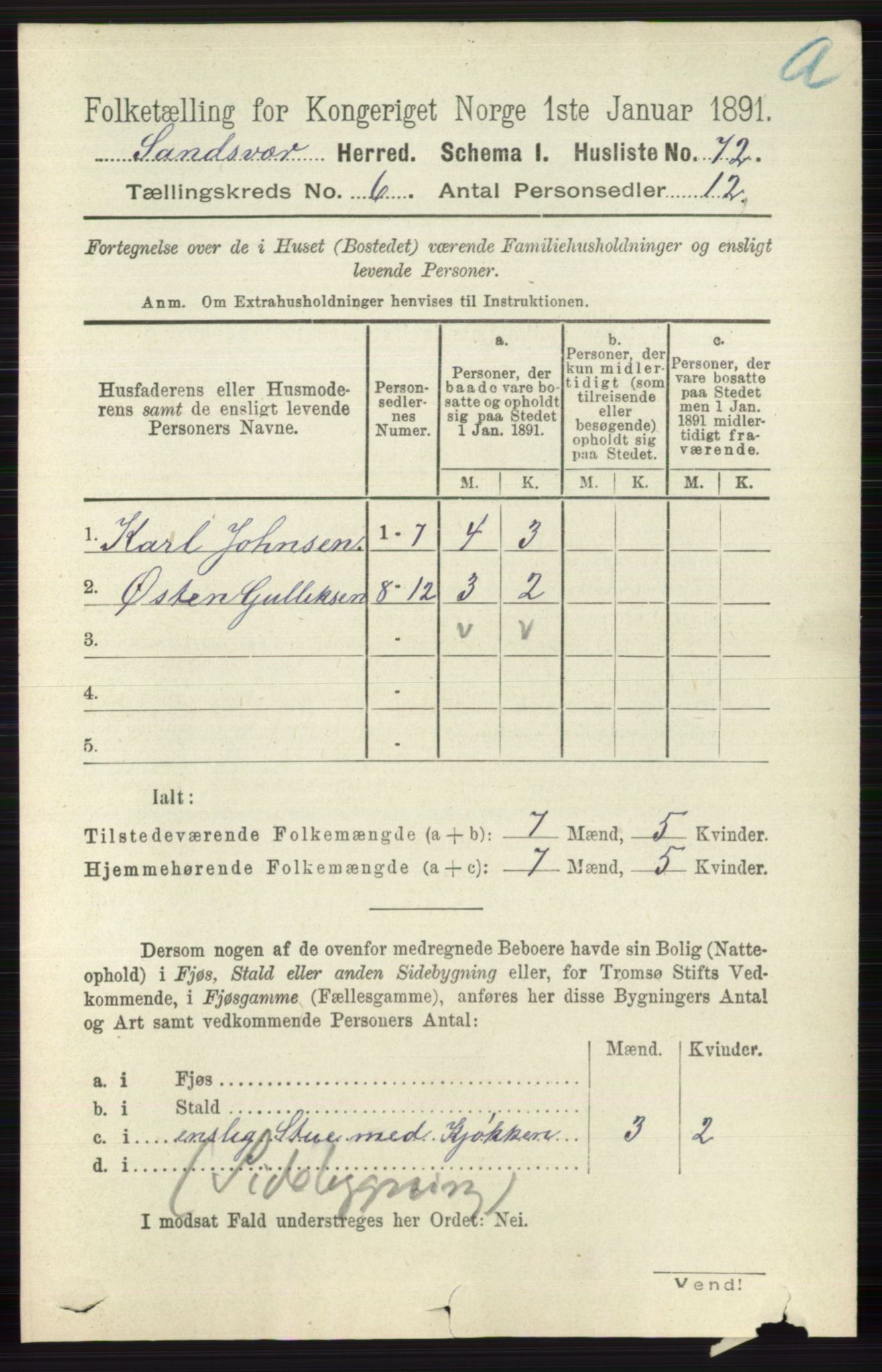 RA, 1891 census for 0629 Sandsvær, 1891, p. 3375