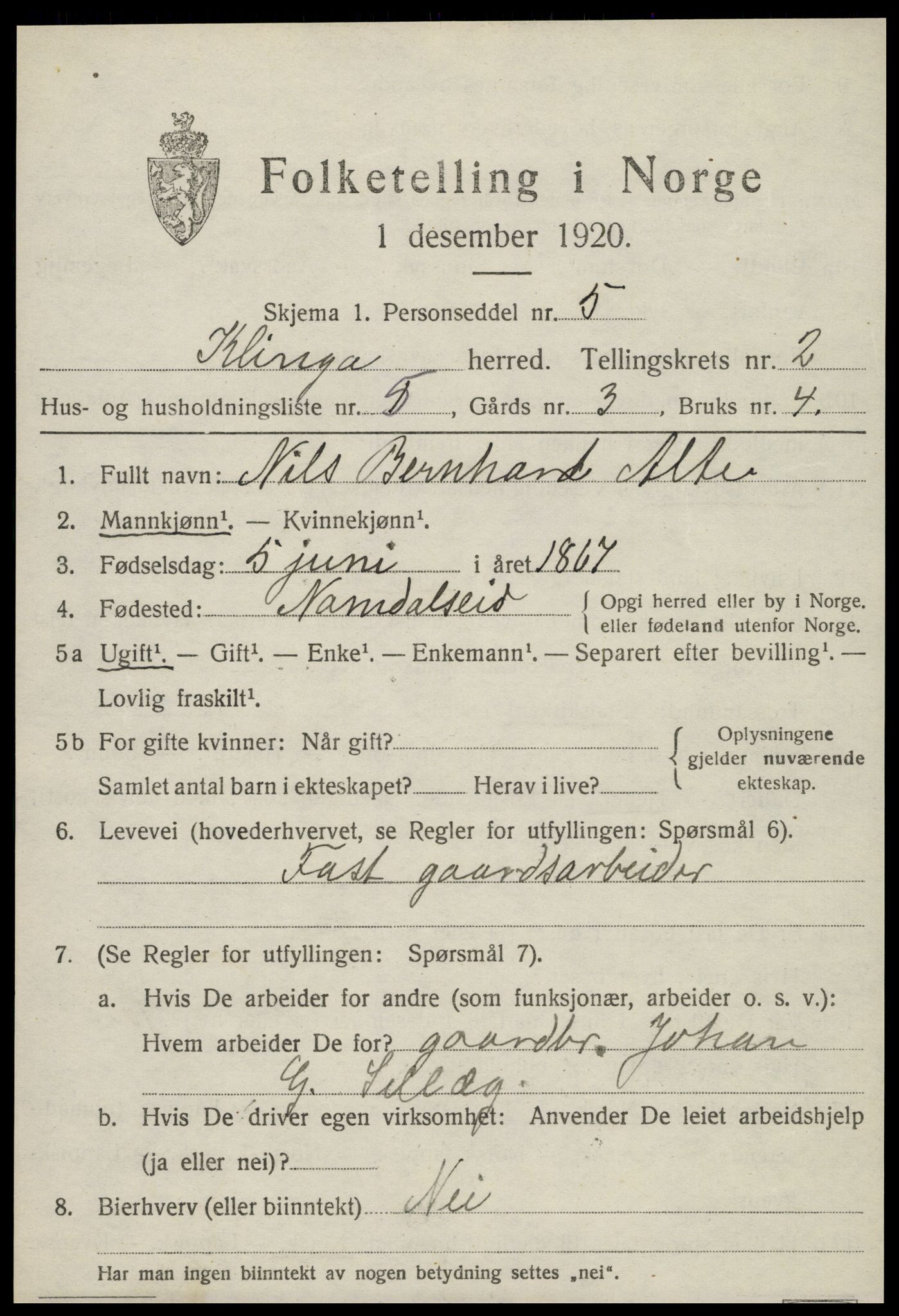 SAT, 1920 census for Klinga, 1920, p. 1445