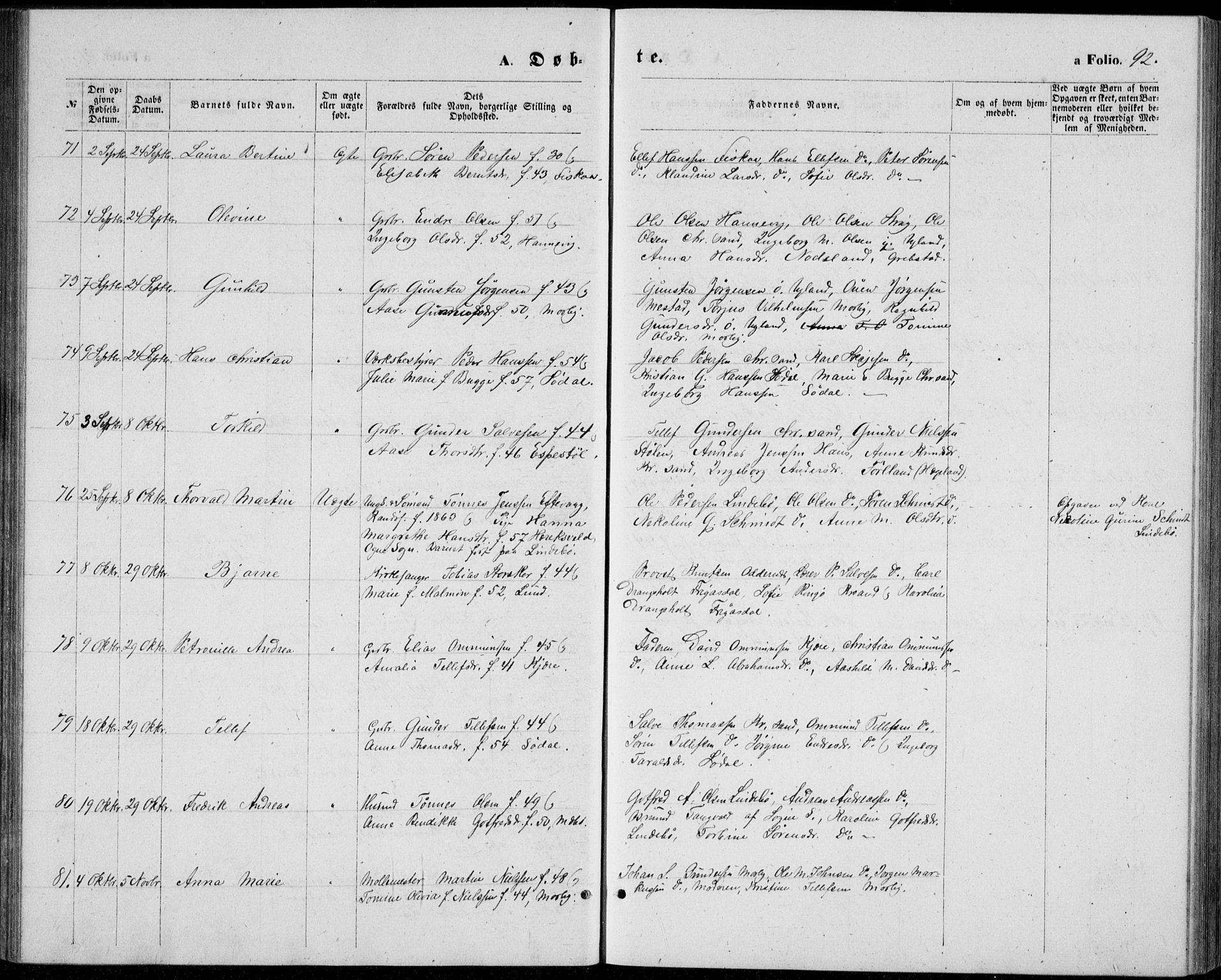 Oddernes sokneprestkontor, AV/SAK-1111-0033/F/Fb/Fba/L0007: Parish register (copy) no. B 7, 1869-1887, p. 92
