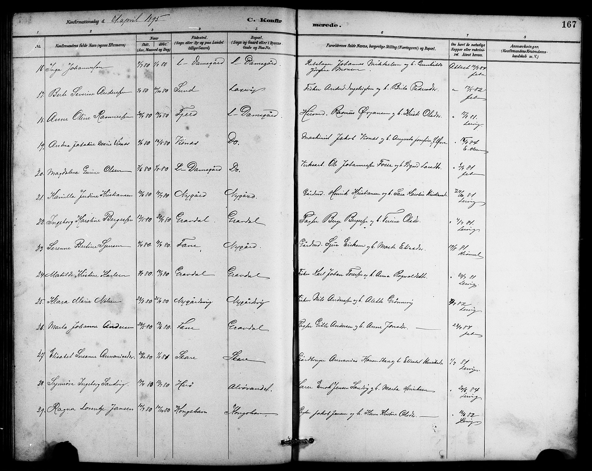 Laksevåg Sokneprestembete, SAB/A-76501/H/Ha/Hab/Haba/L0003: Parish register (copy) no. A 3, 1887-1899, p. 167