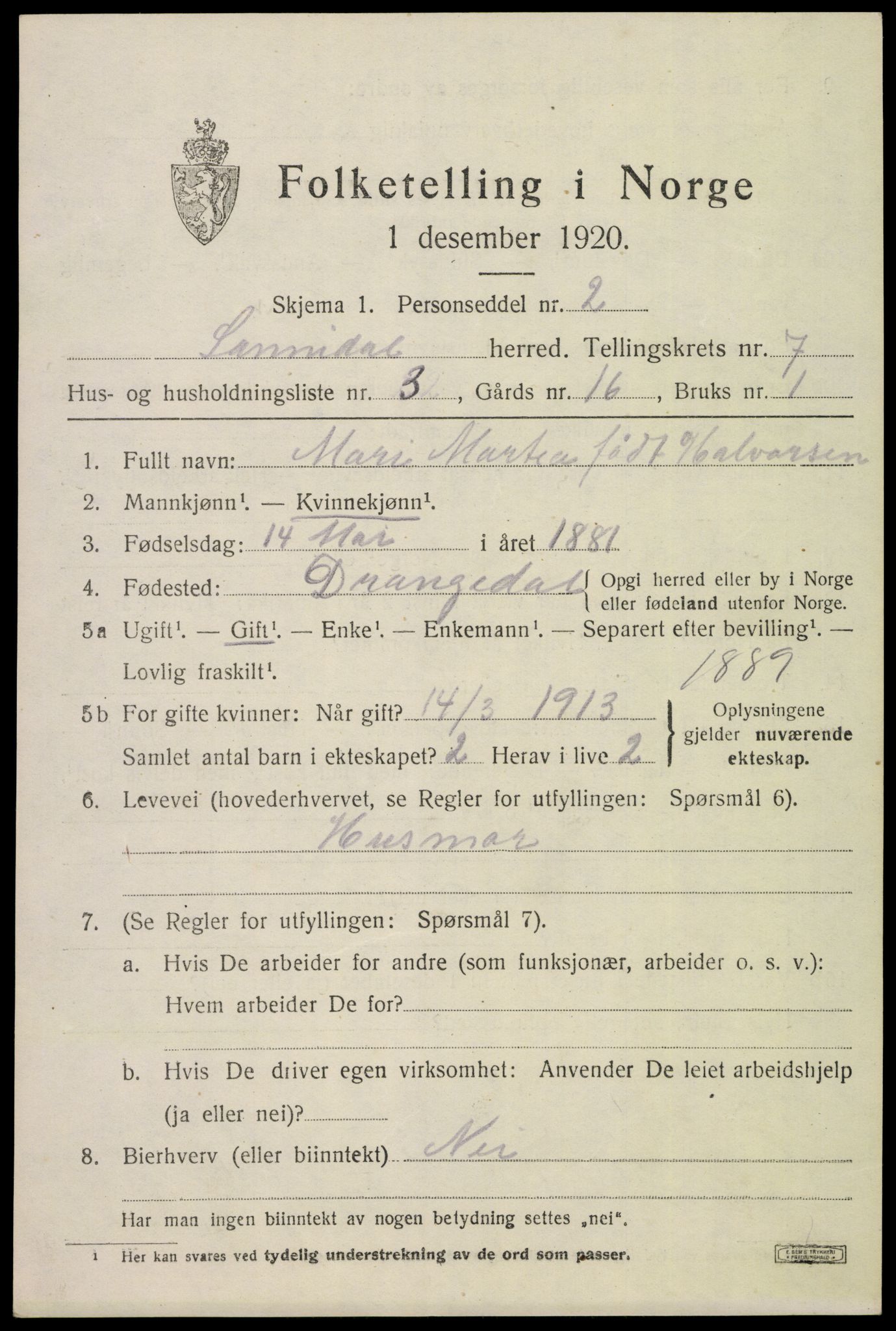 SAKO, 1920 census for Sannidal, 1920, p. 4939