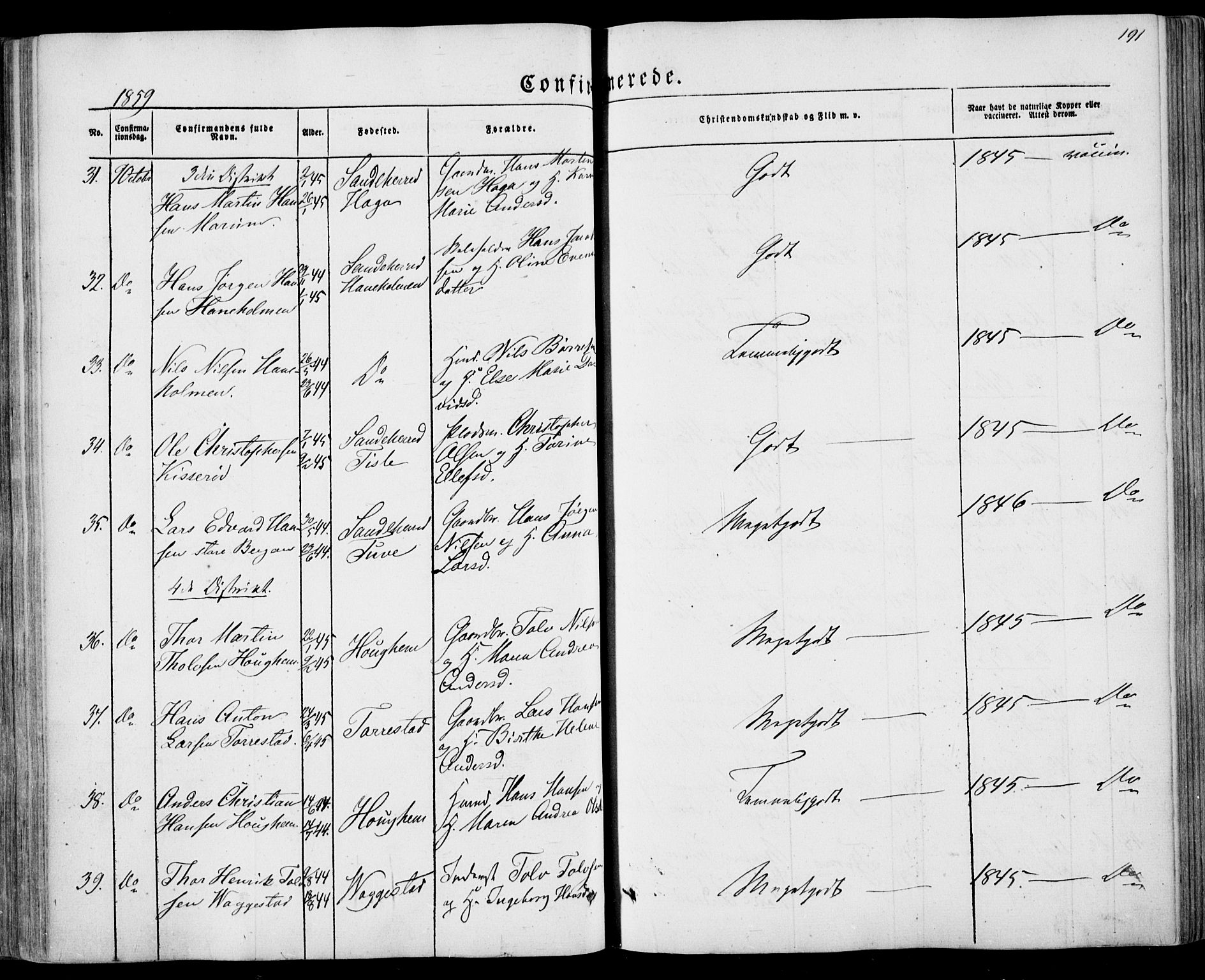 Sandar kirkebøker, AV/SAKO-A-243/F/Fa/L0007: Parish register (official) no. 7, 1855-1861, p. 191