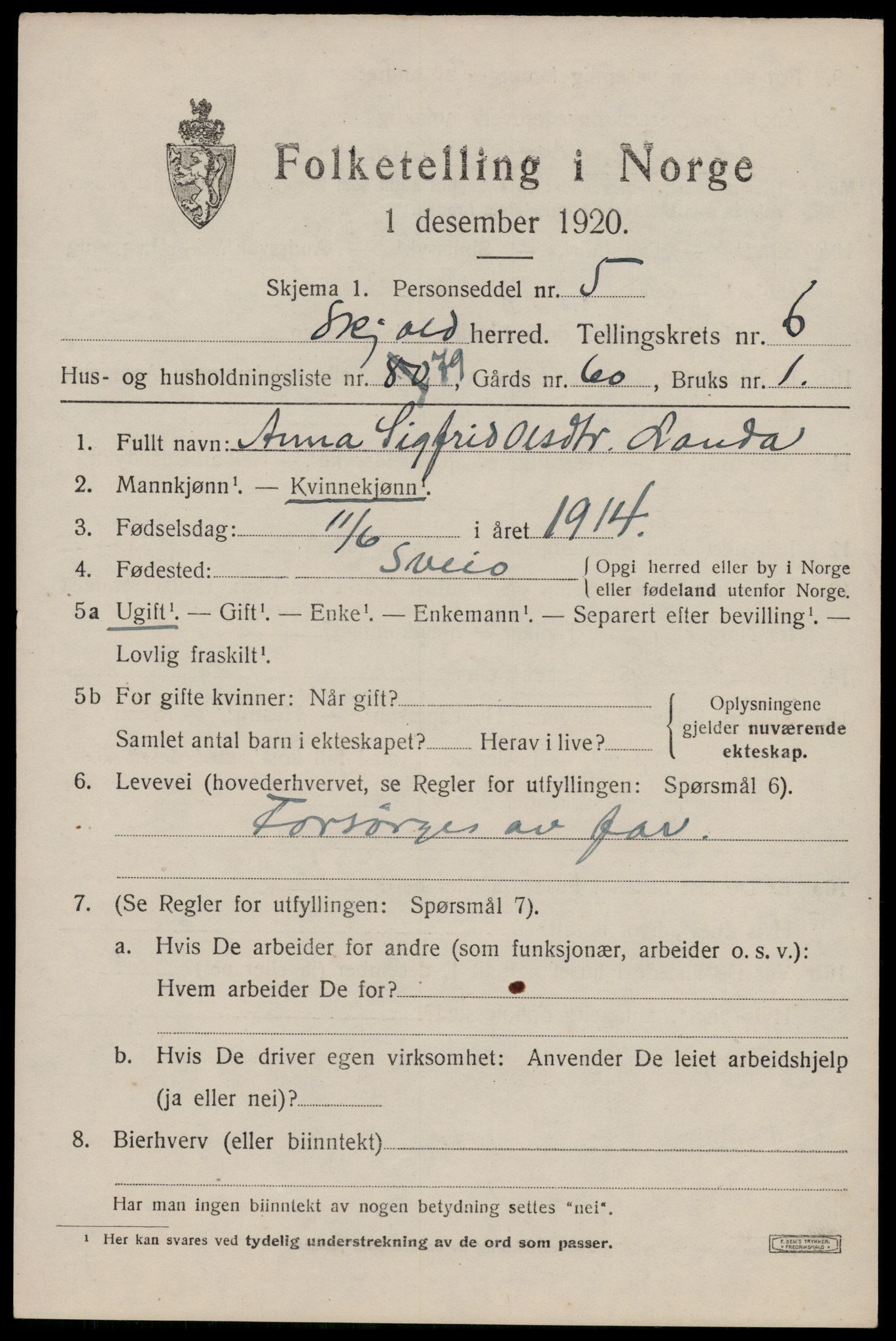 SAST, 1920 census for Skjold, 1920, p. 3878