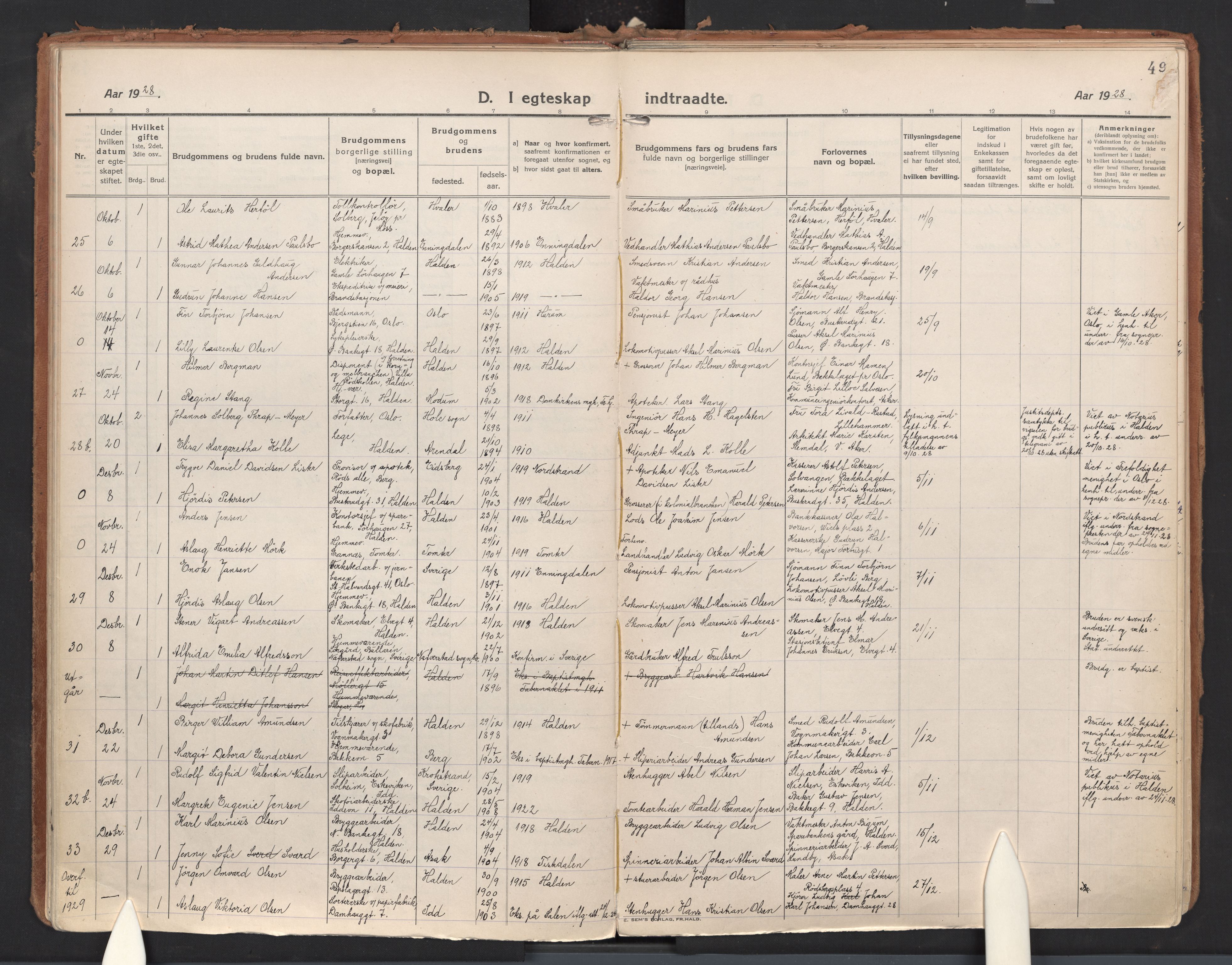 Halden prestekontor Kirkebøker, AV/SAO-A-10909/F/Fa/L0017: Parish register (official) no. I 17, 1921-1945, p. 49