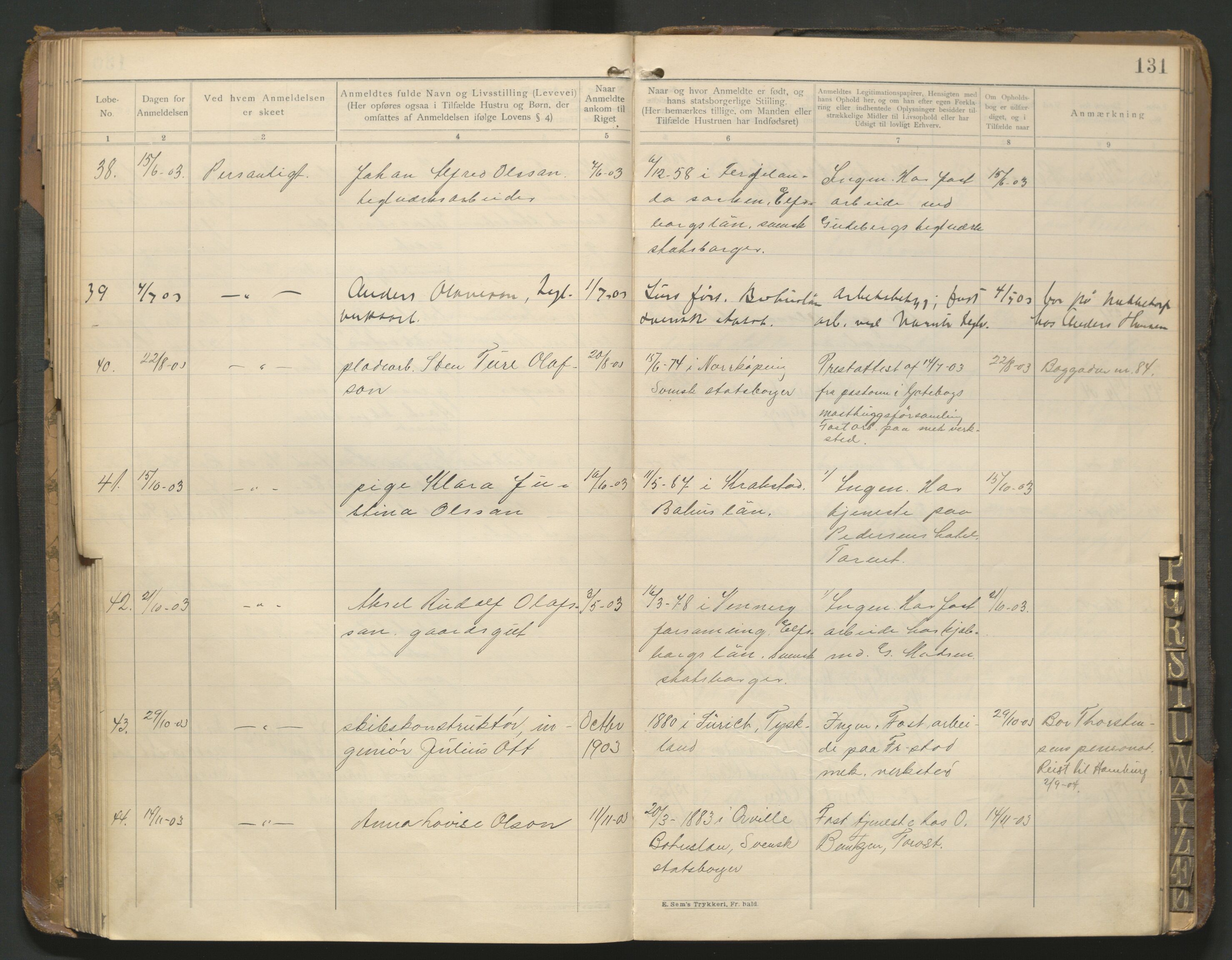 Fredrikstad politikammer, AV/SAO-A-10055/H/Hb/Hba/L0001: Protokoll over fremmede statsborgere, 1901-1916, p. 130b-131a