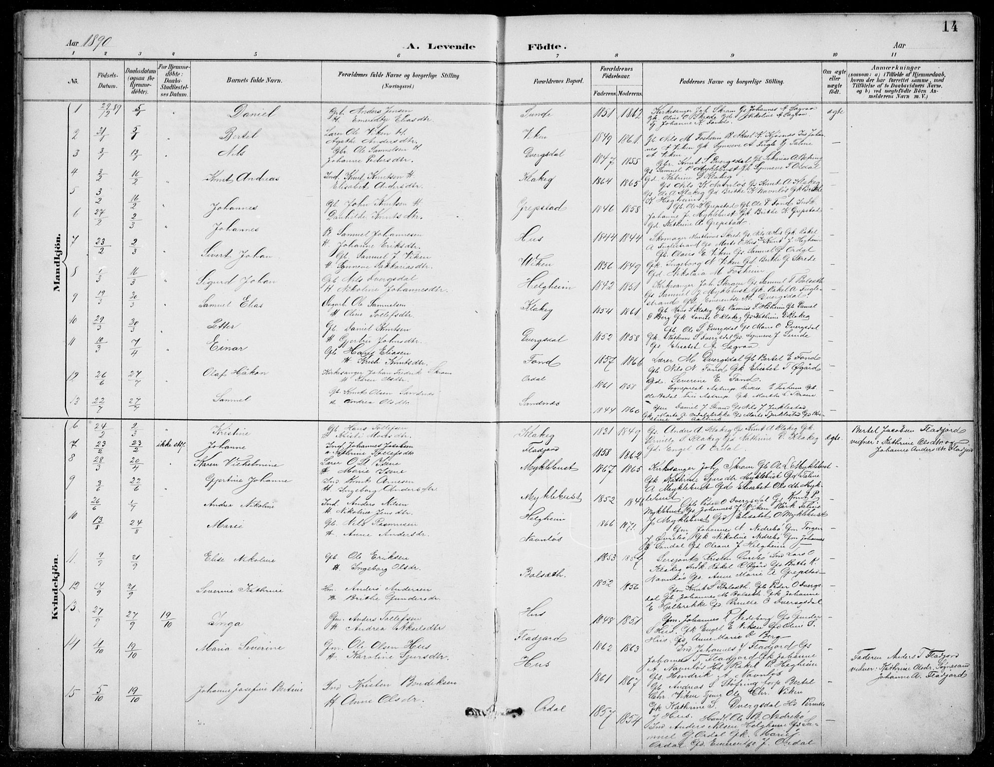 Jølster sokneprestembete, SAB/A-80701/H/Hab/Habb/L0002: Parish register (copy) no. B 2, 1887-1920, p. 14