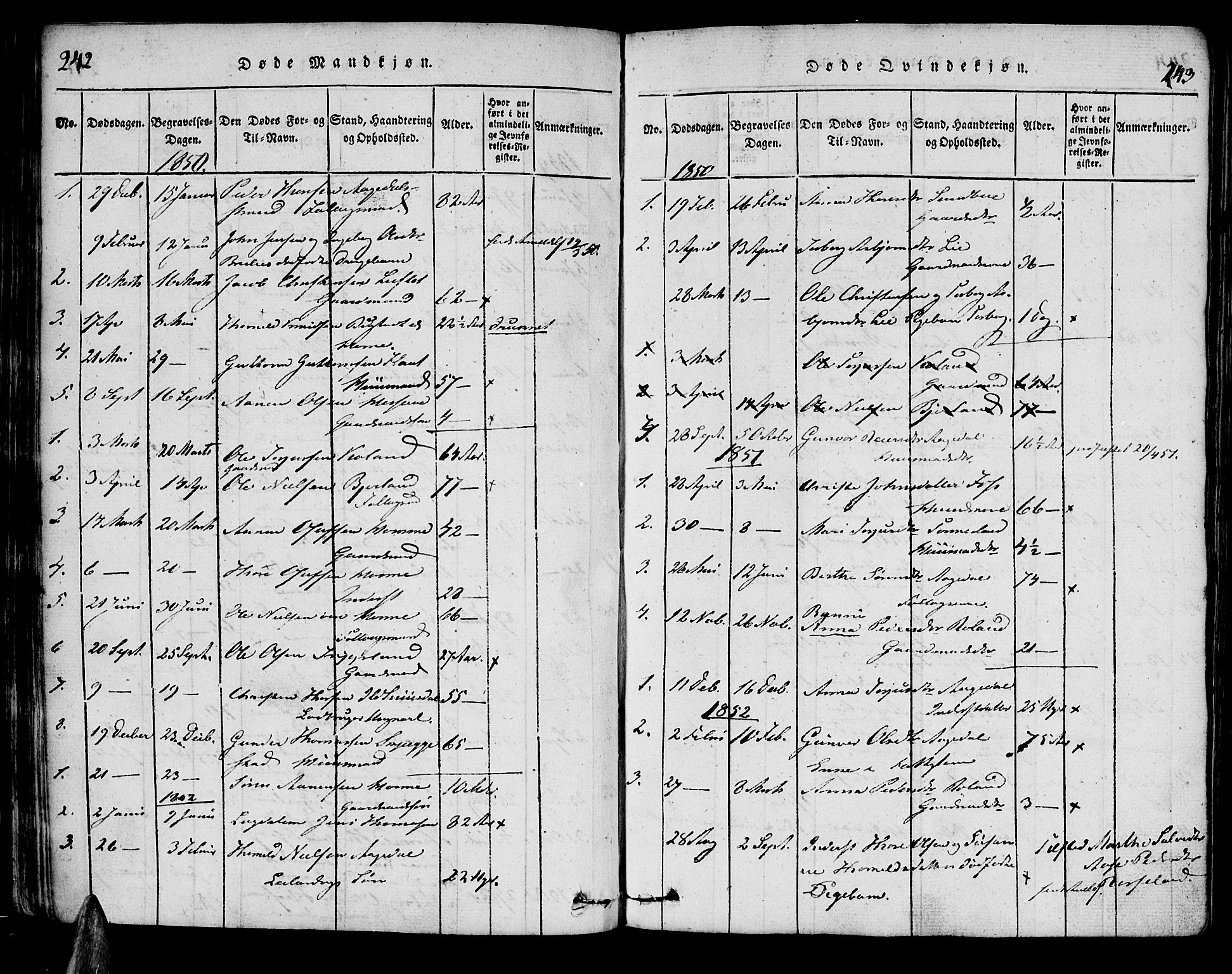 Bjelland sokneprestkontor, SAK/1111-0005/F/Fa/Faa/L0002: Parish register (official) no. A 2, 1816-1866, p. 242-243