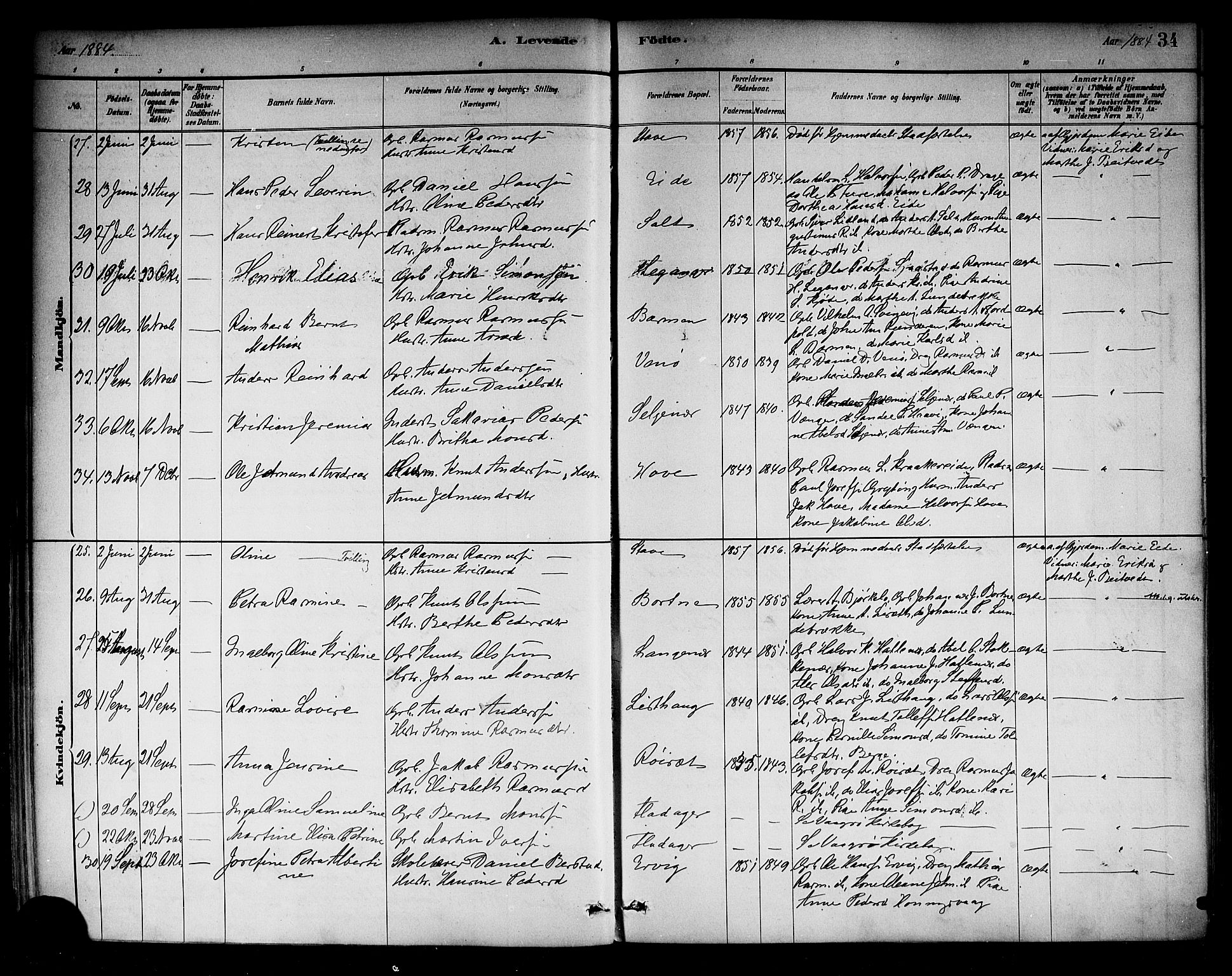 Selje sokneprestembete, AV/SAB-A-99938/H/Ha/Haa/Haab: Parish register (official) no. B 1, 1881-1890, p. 34