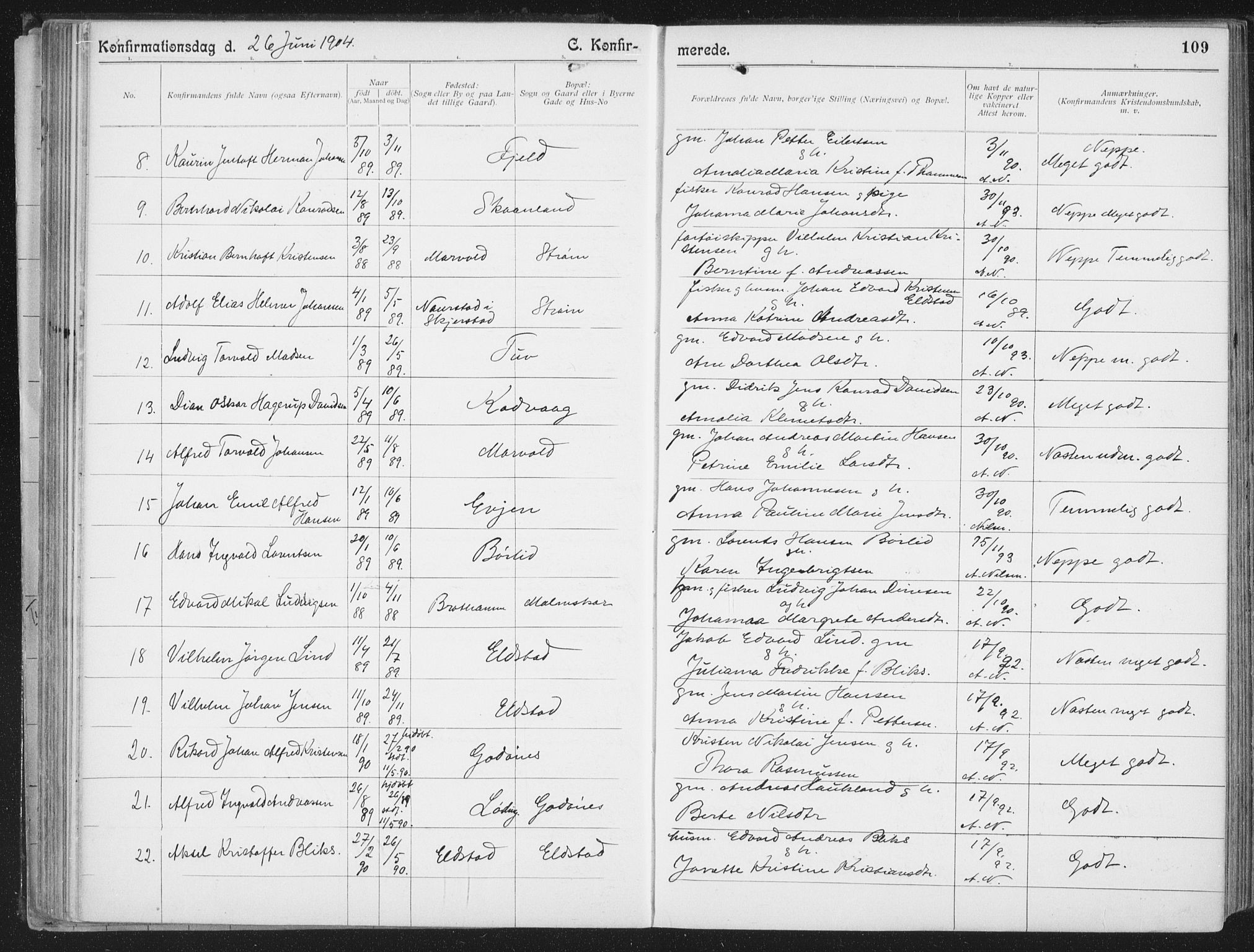 Ministerialprotokoller, klokkerbøker og fødselsregistre - Nordland, AV/SAT-A-1459/804/L0081: Parish register (official) no. 804A02, 1901-1915, p. 109