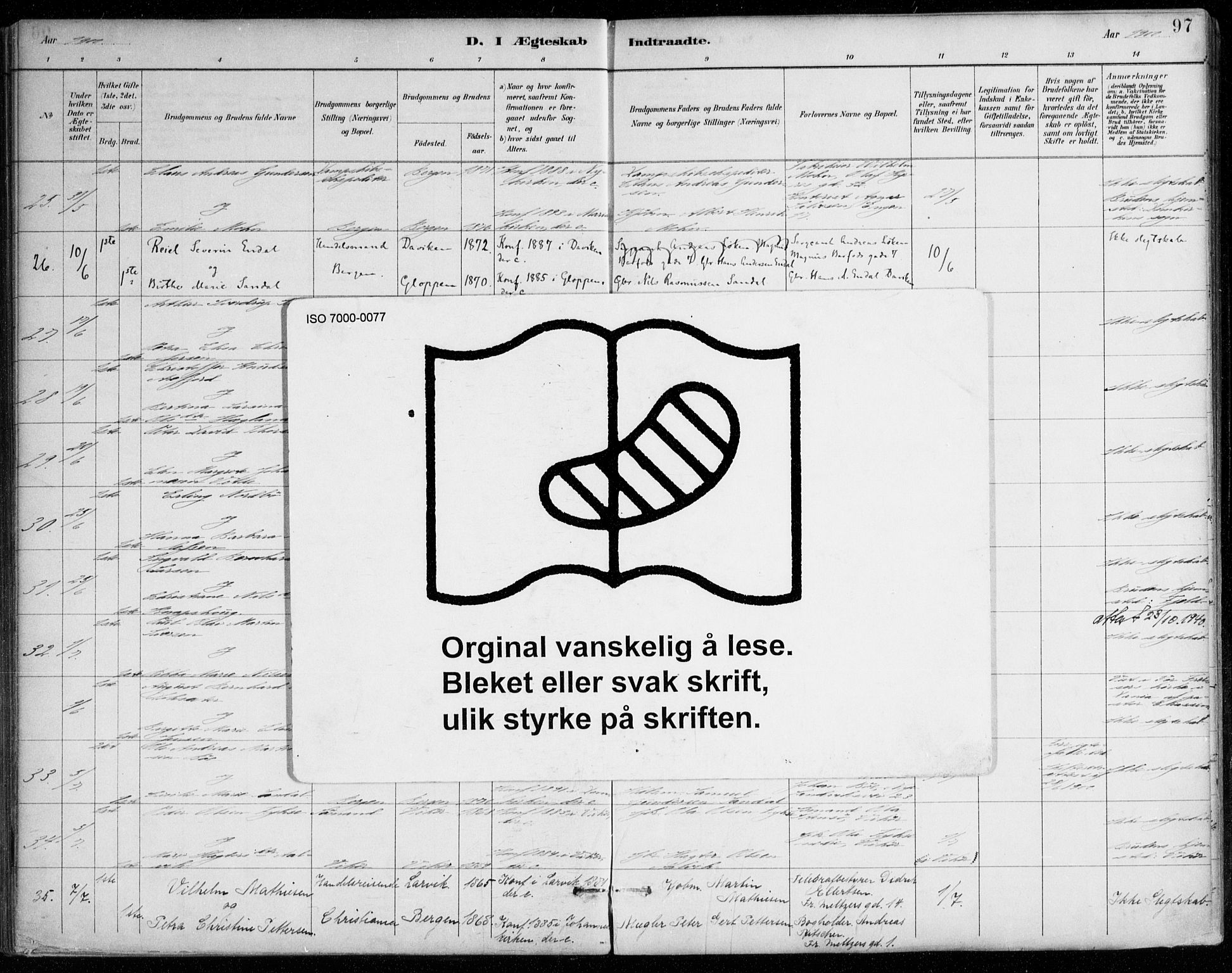 Johanneskirken sokneprestembete, AV/SAB-A-76001/H/Haa/L0012: Parish register (official) no. D 1, 1885-1912, p. 97