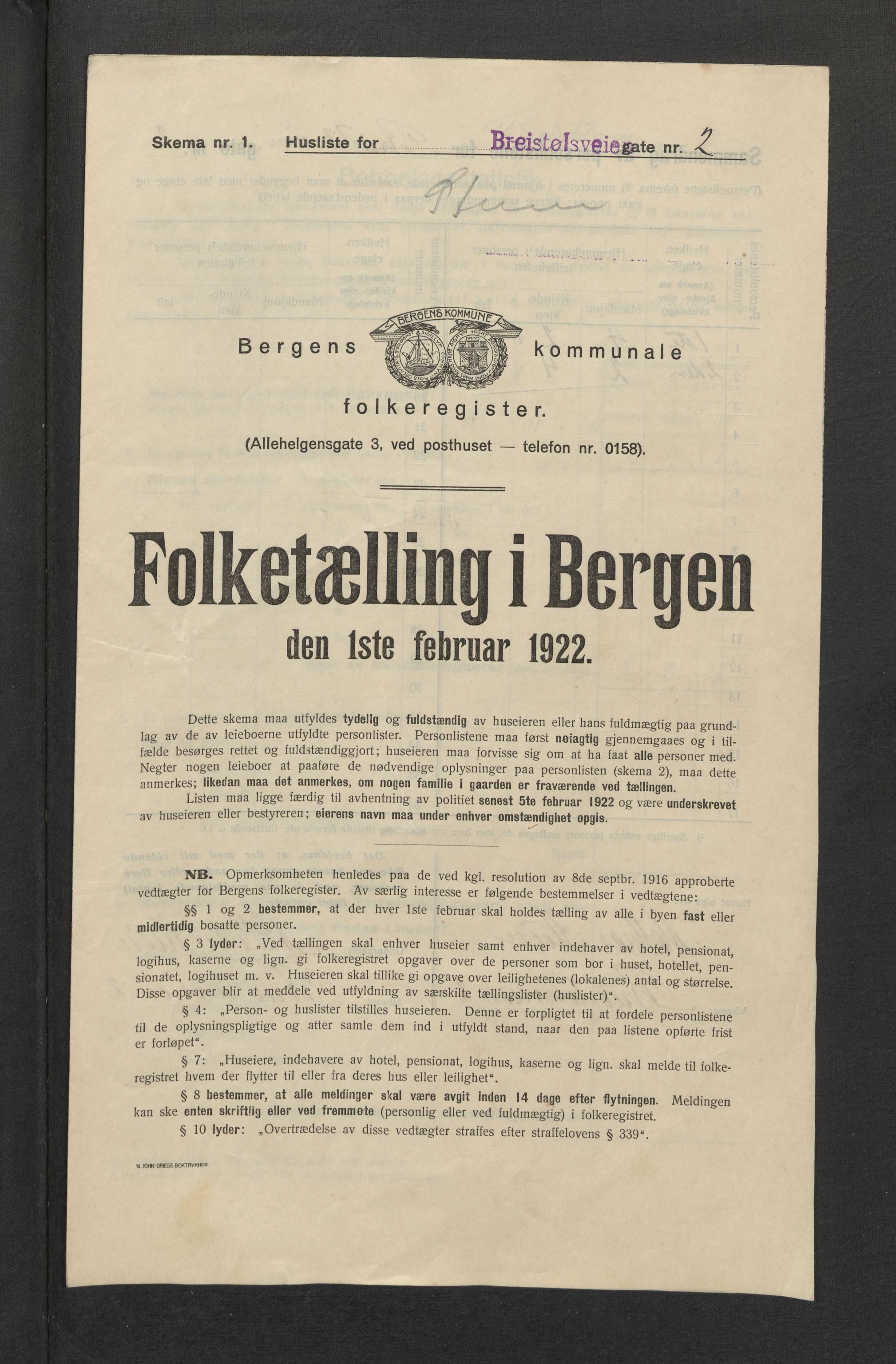 SAB, Municipal Census 1922 for Bergen, 1922, p. 4059