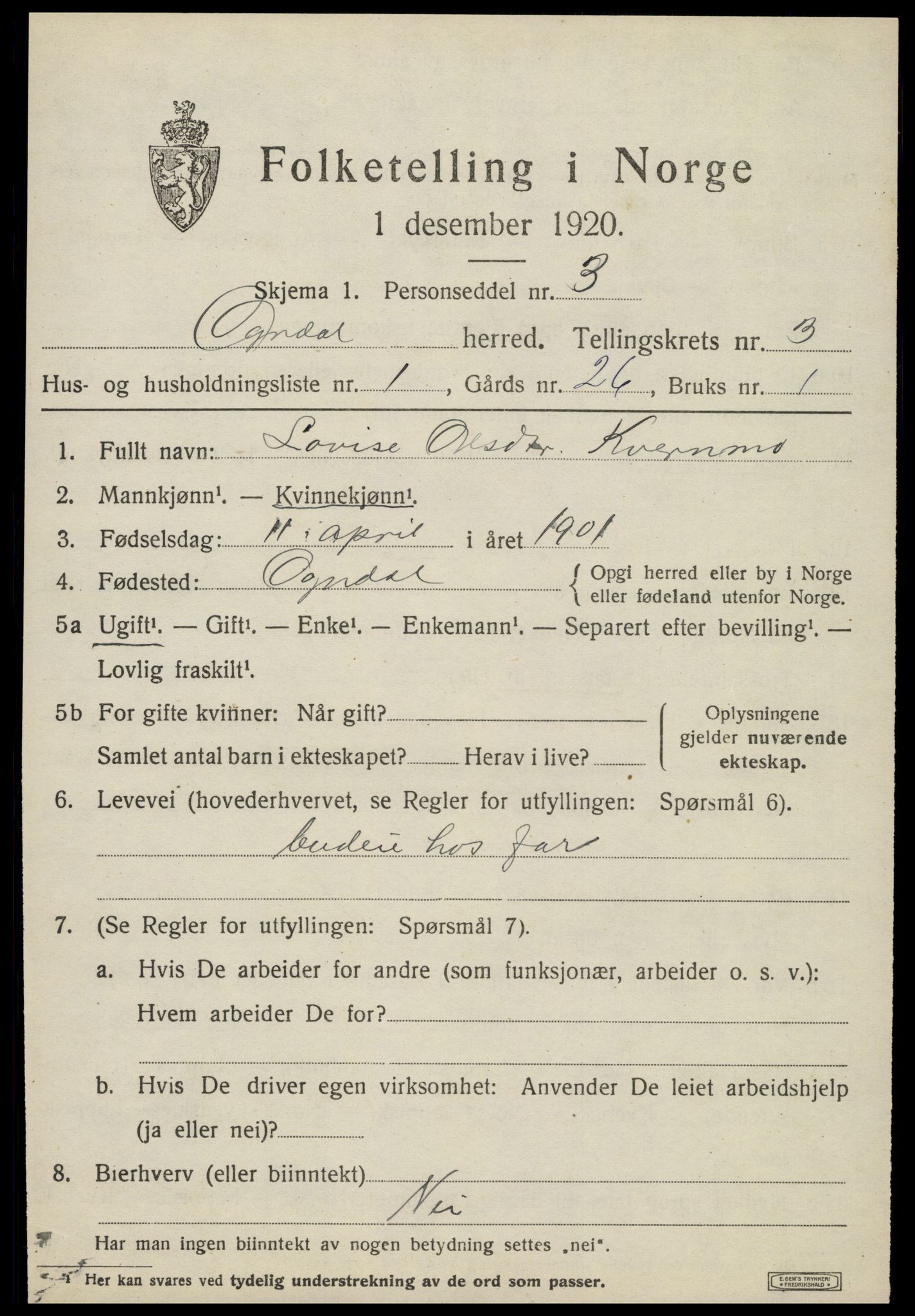 SAT, 1920 census for Ogndal, 1920, p. 1171