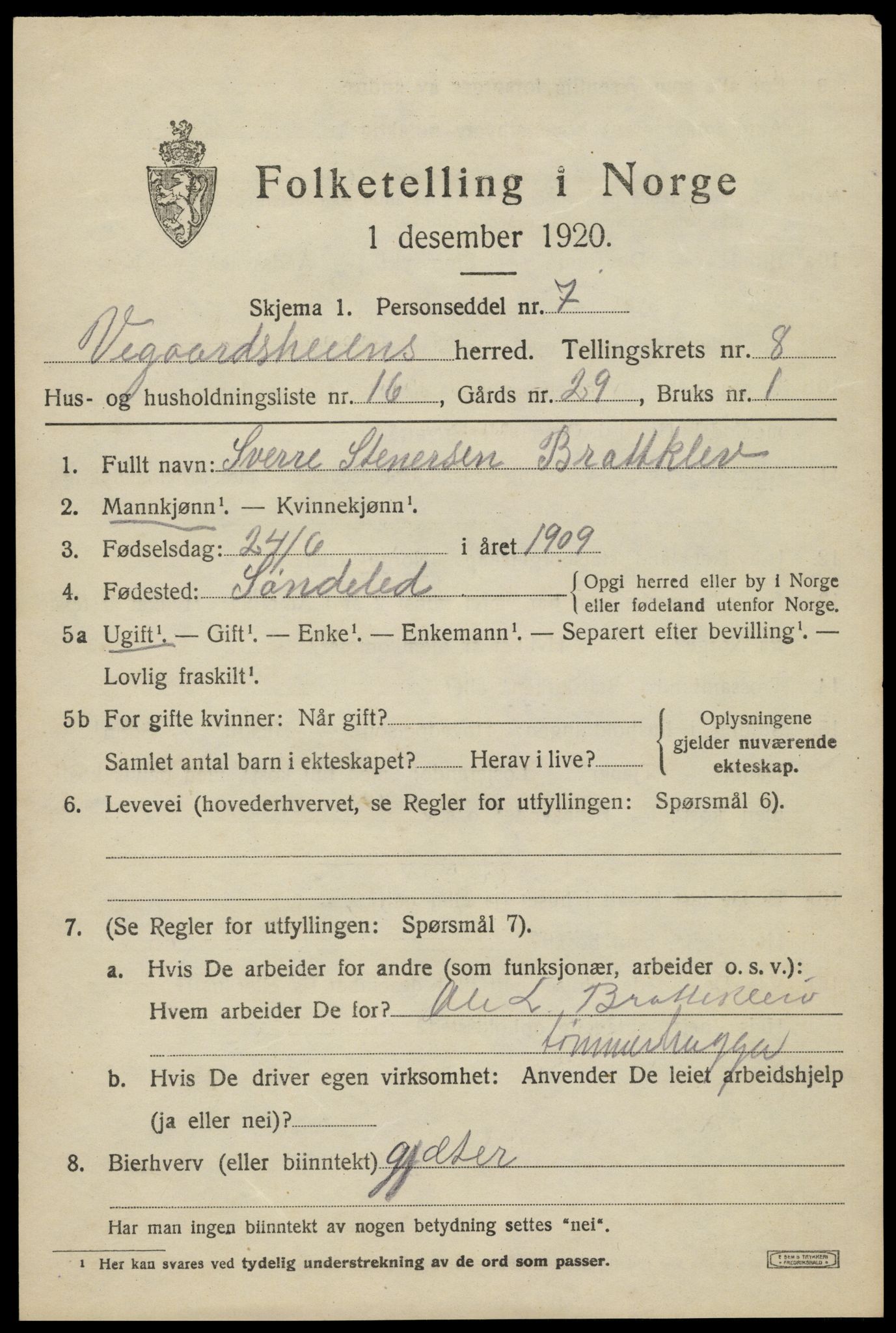 SAK, 1920 census for Vegårshei, 1920, p. 2928