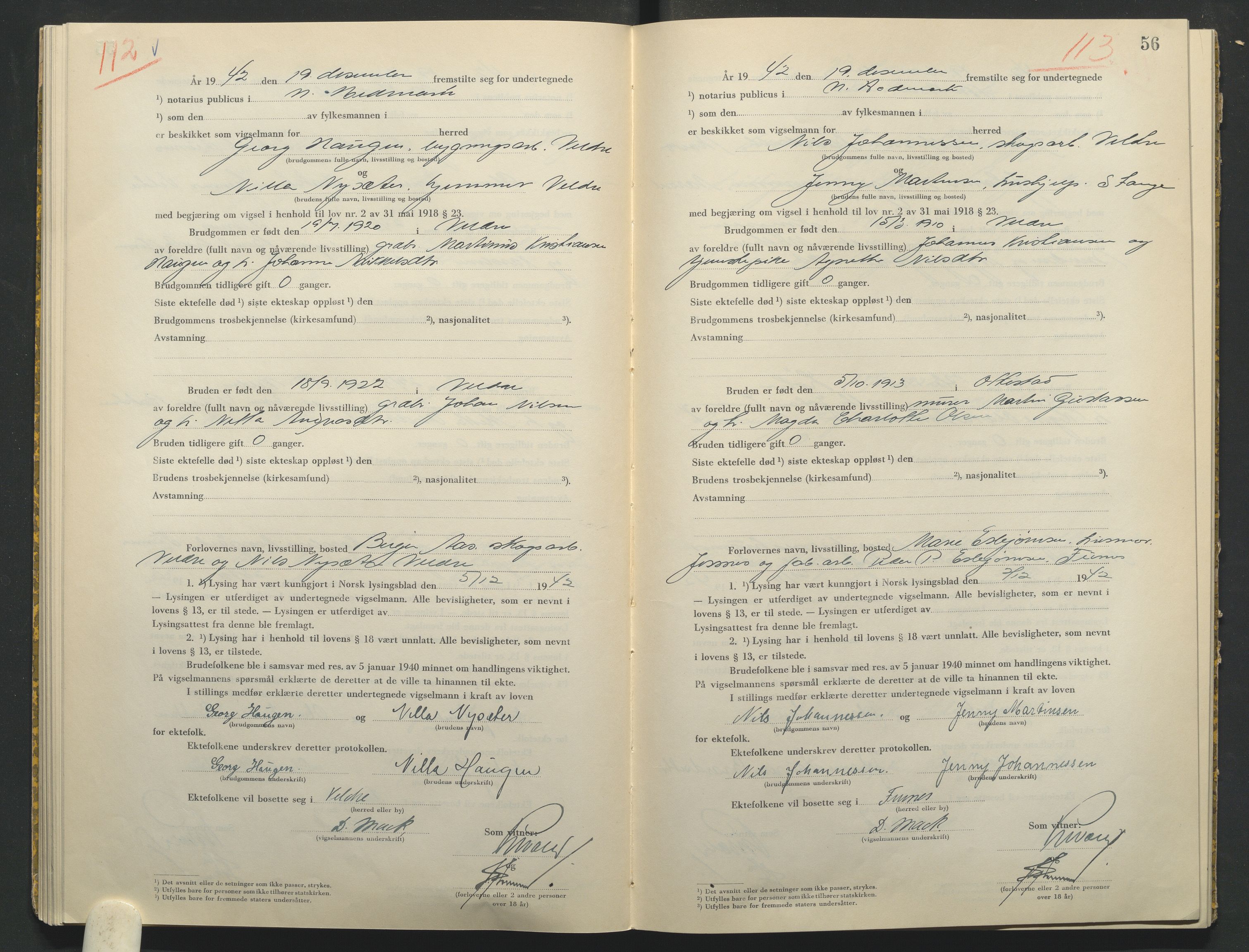 Nord-Hedmark sorenskriveri, AV/SAH-TING-012/L/Lc/L0001/0002: Vigselsprotokoller / Vigselsprotokoll, 1942-1943, p. 56