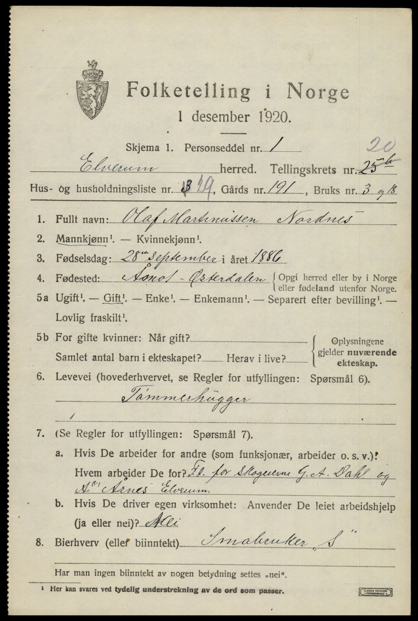 SAH, 1920 census for Elverum, 1920, p. 23604