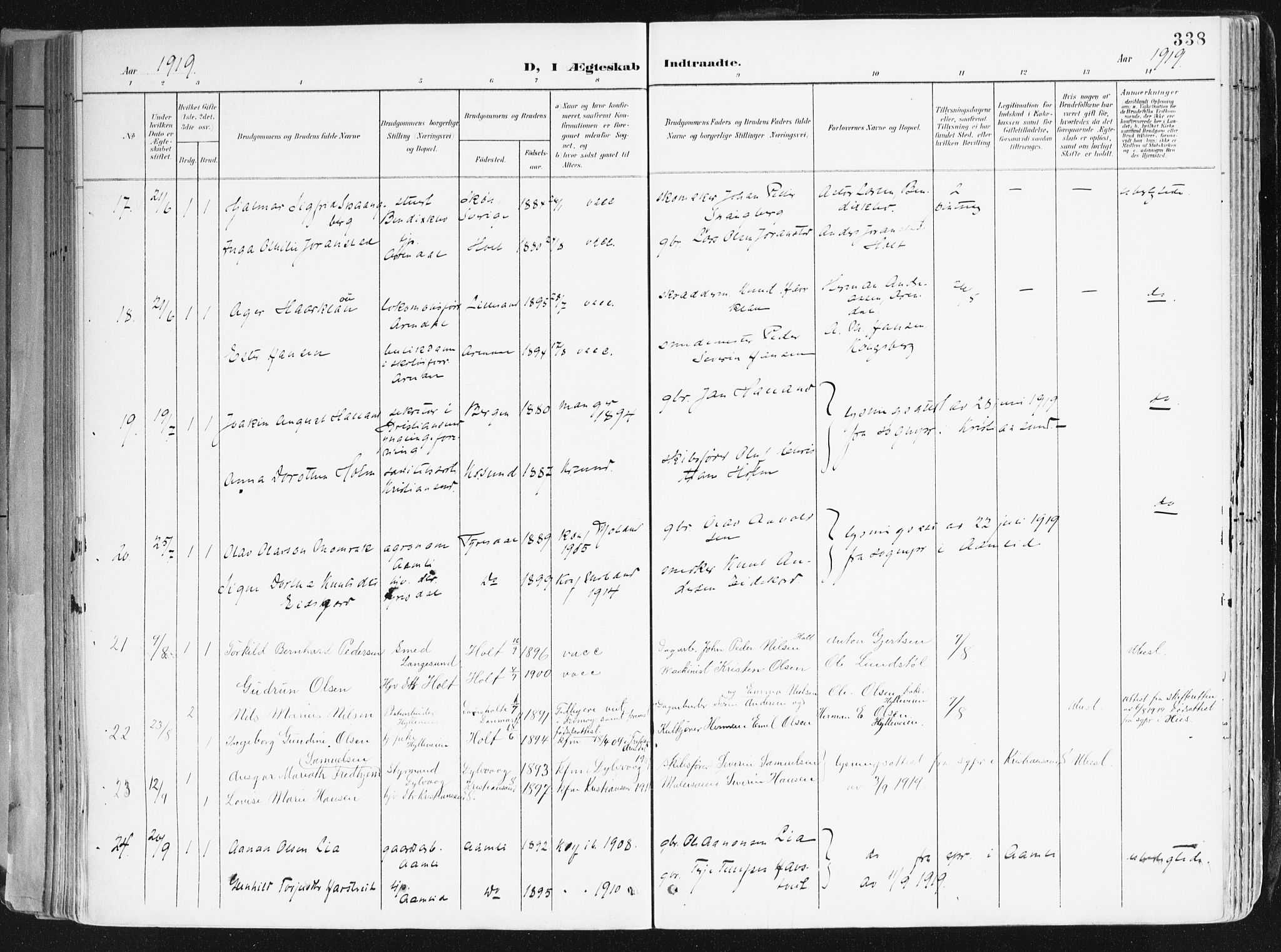 Arendal sokneprestkontor, Trefoldighet, AV/SAK-1111-0040/F/Fa/L0010: Parish register (official) no. A 10, 1900-1919, p. 338