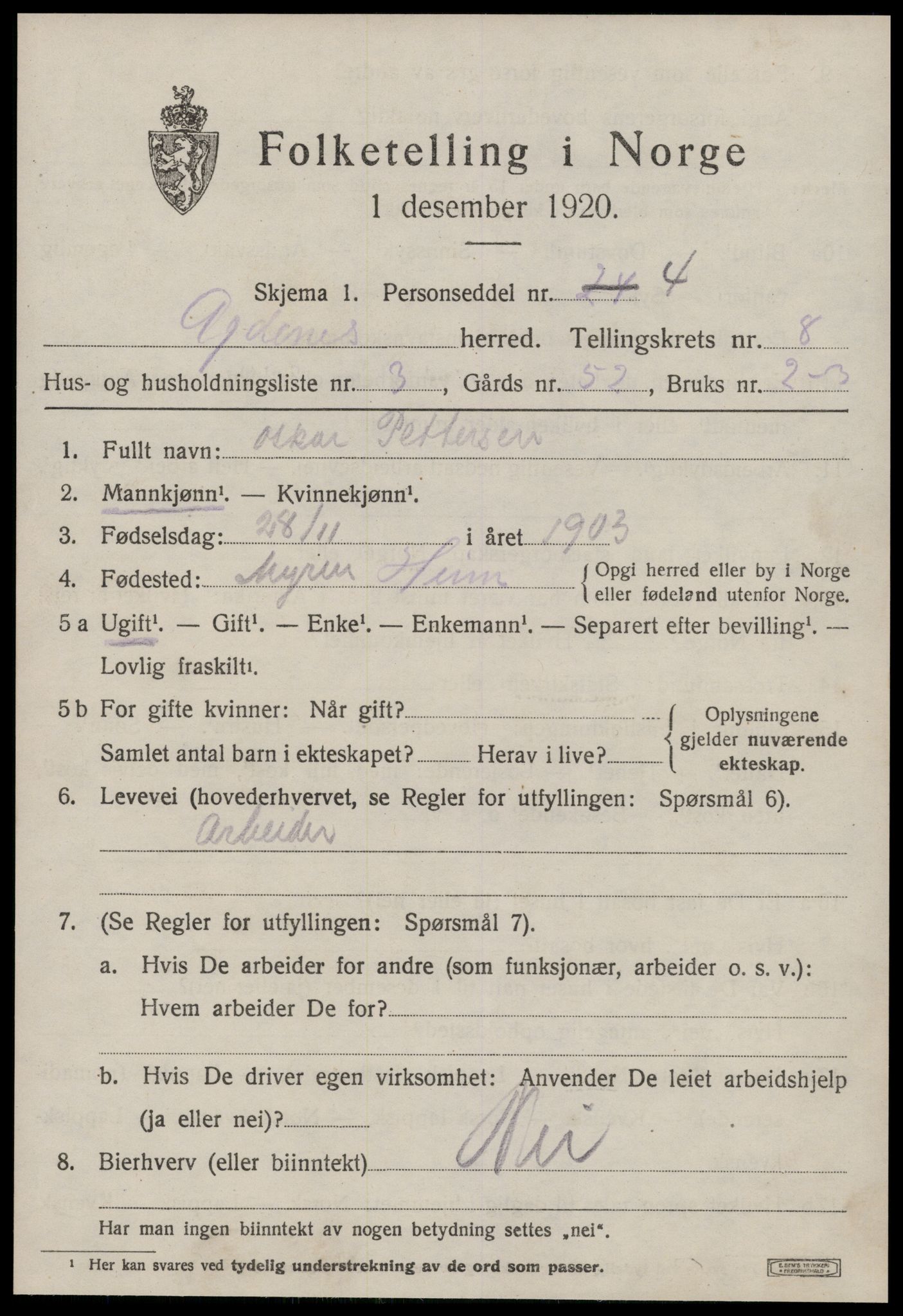 SAT, 1920 census for Agdenes, 1920, p. 2945