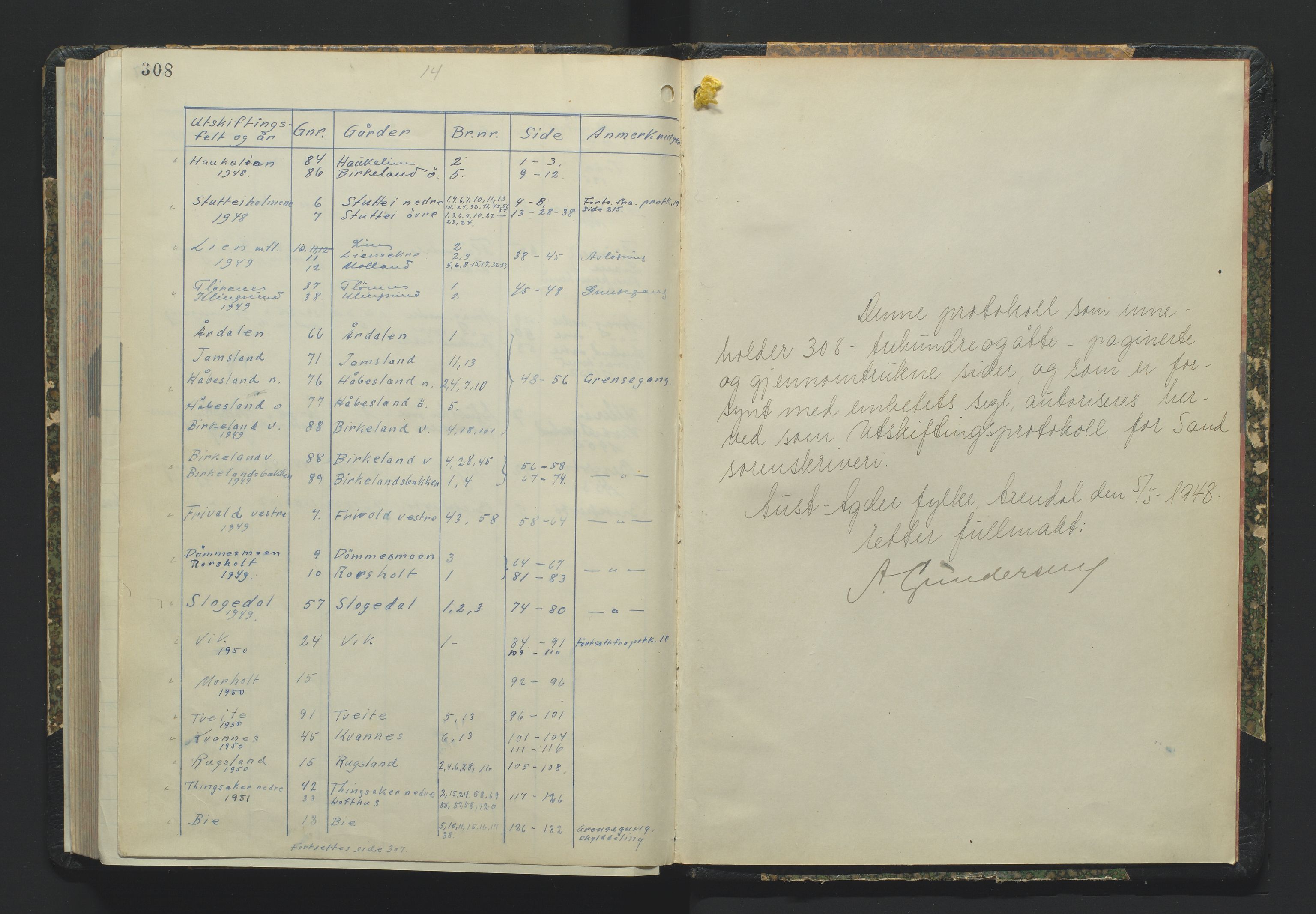 Utskiftningsformannen i Nedenes amt, AV/SAK-1541-0002/F/Fa/Fac/L0013: Jordskifteprotokoll med register, Sand domssokn nr 14 (I), 1948-1960, p. 308