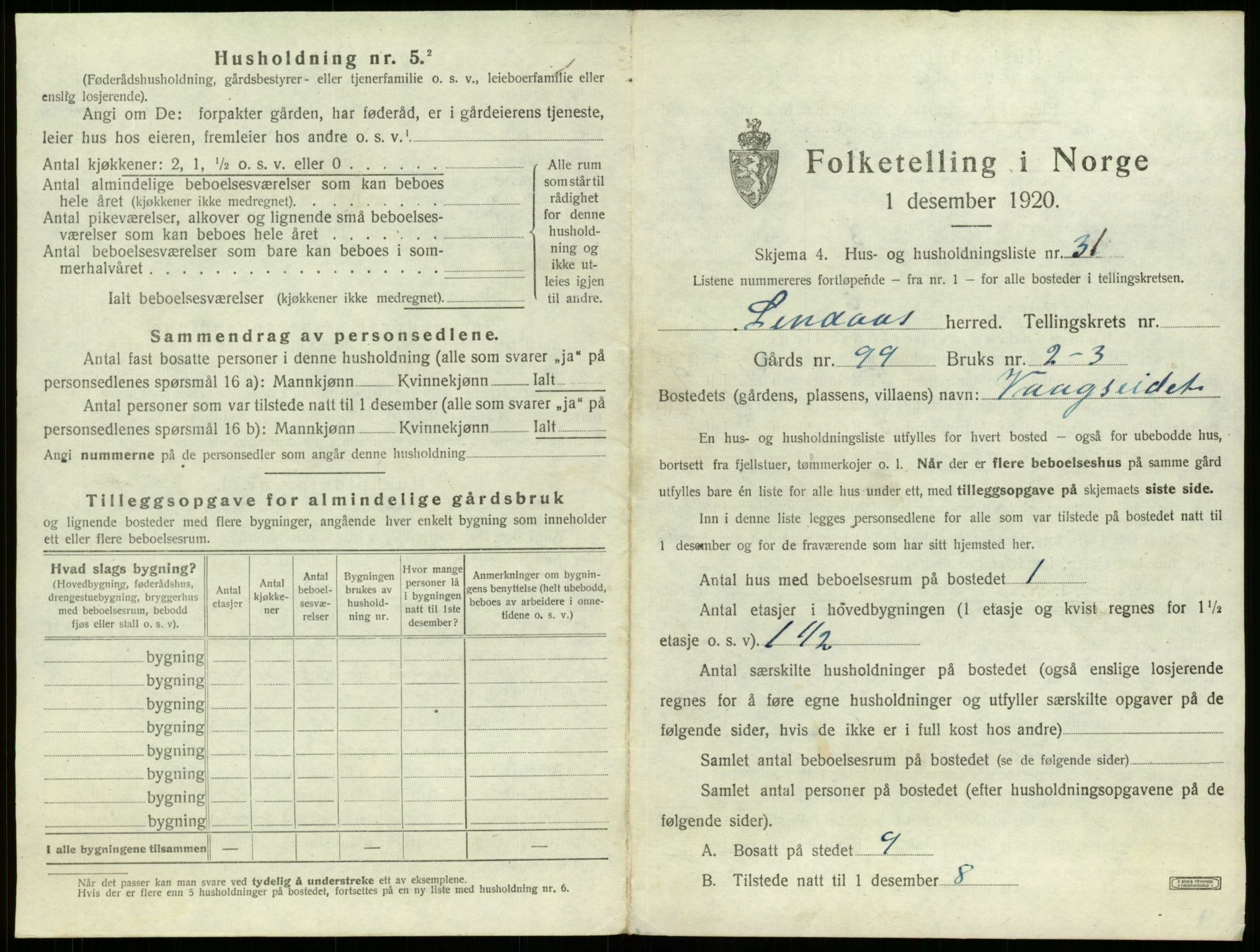 SAB, 1920 census for Lindås, 1920, p. 1057