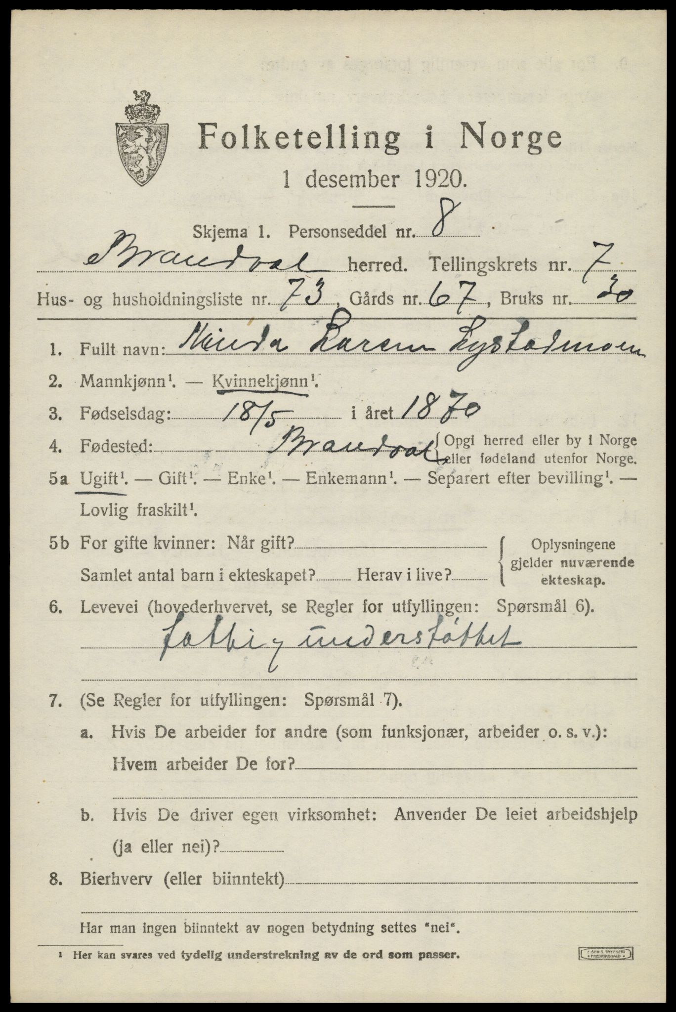 SAH, 1920 census for Brandval, 1920, p. 6628