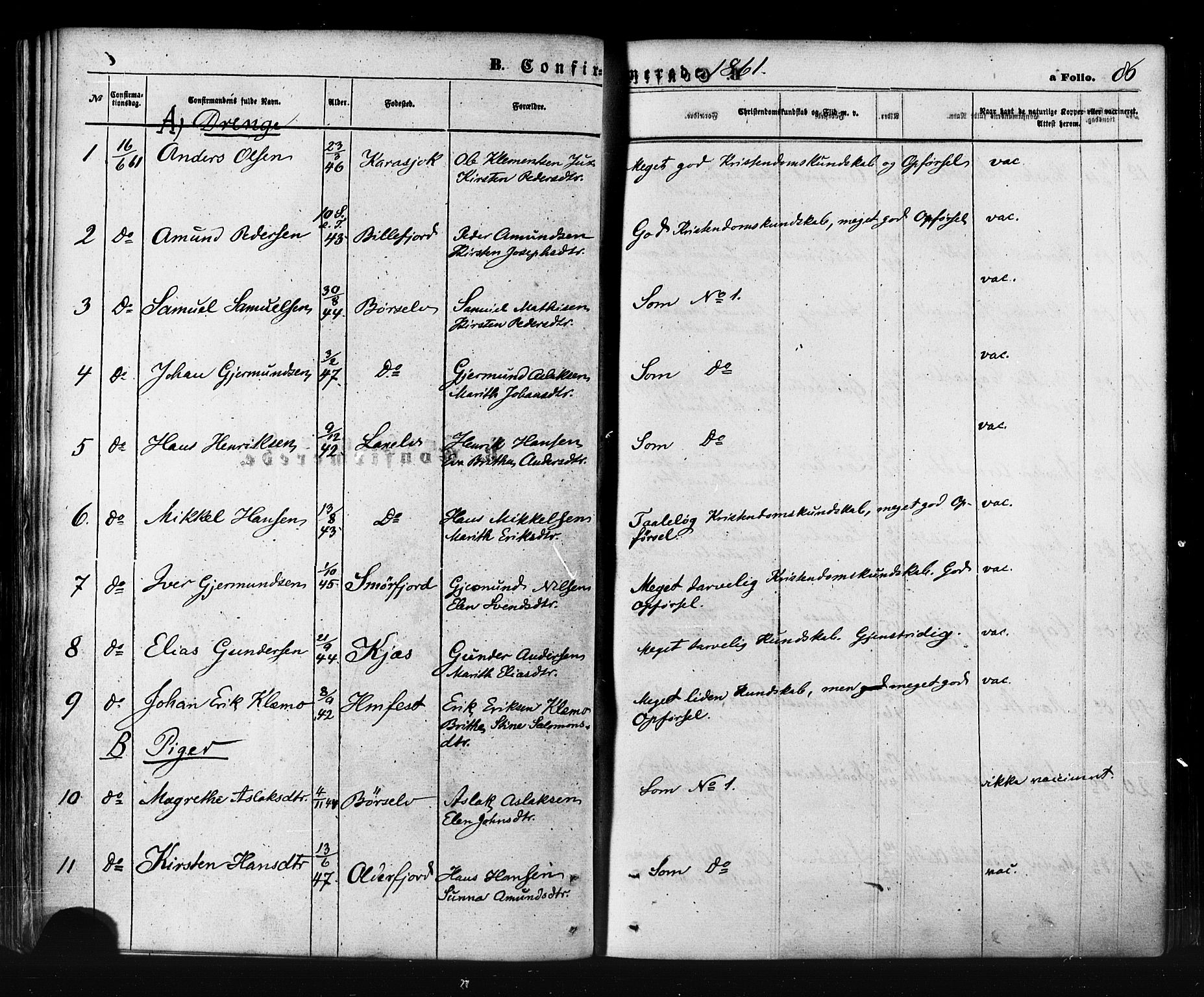 Kistrand/Porsanger sokneprestembete, AV/SATØ-S-1351/H/Ha/L0005.kirke: Parish register (official) no. 5, 1860-1874, p. 86