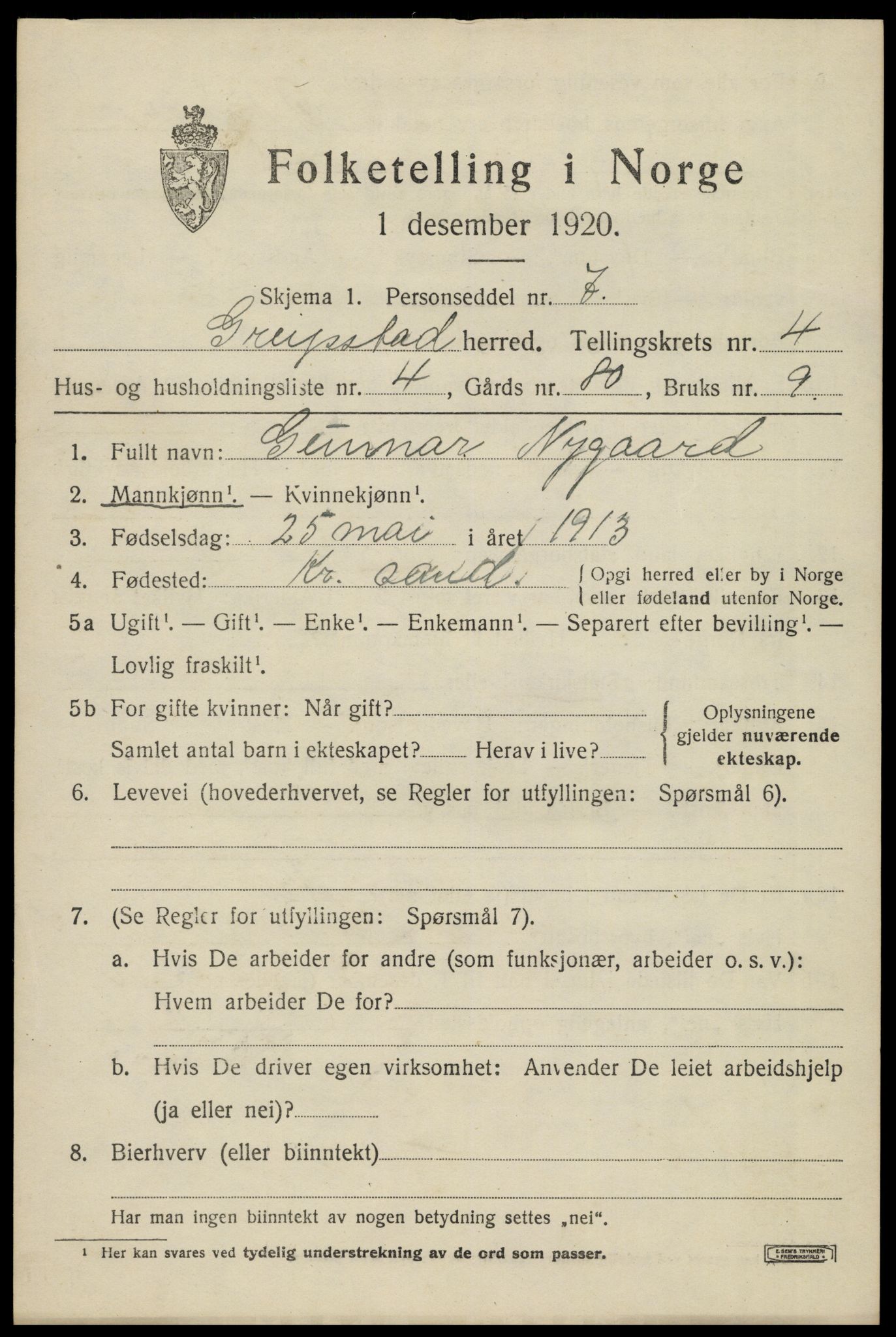SAK, 1920 census for Greipstad, 1920, p. 1546