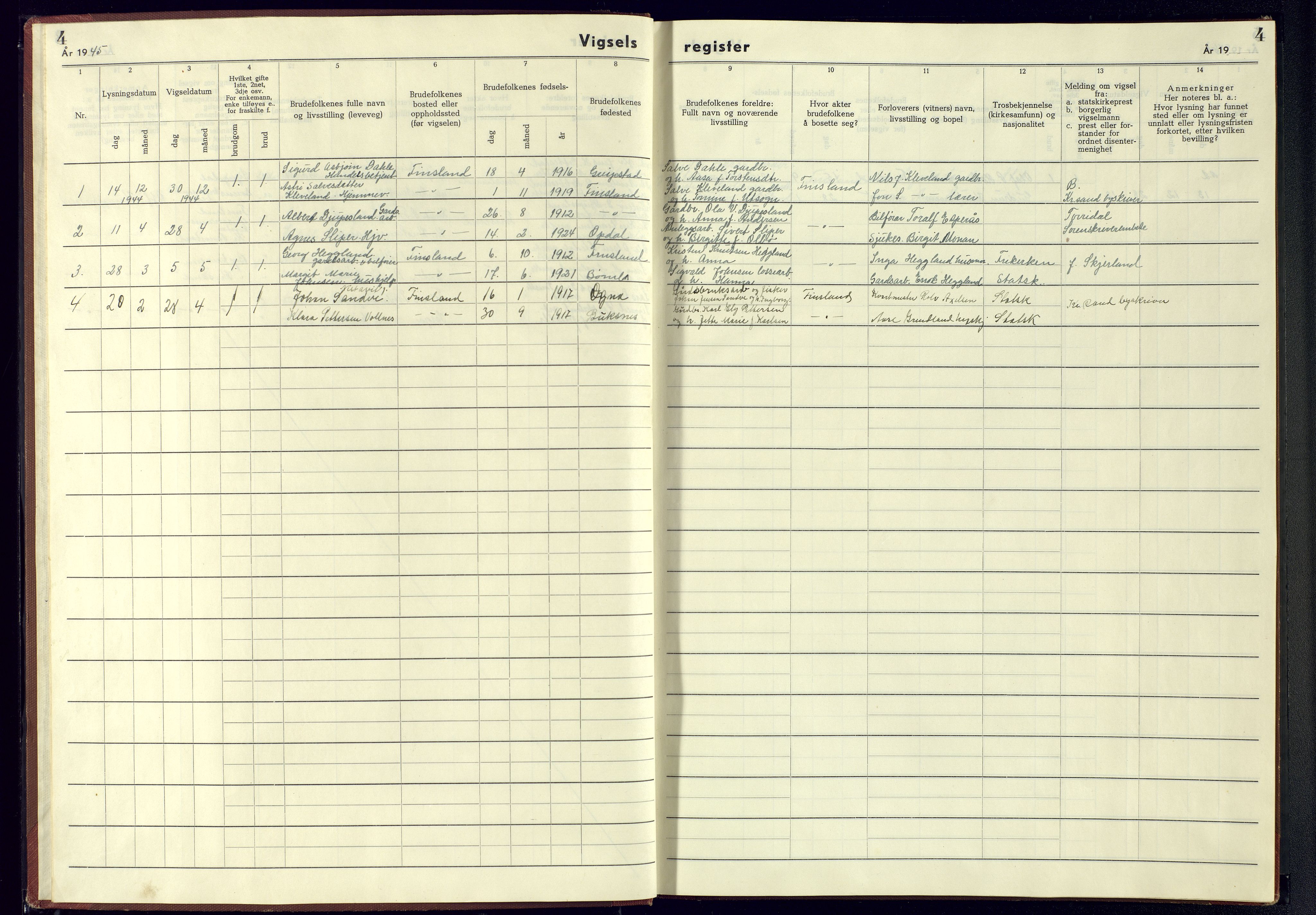 Bjelland sokneprestkontor, AV/SAK-1111-0005/J/Jb/L0009: Marriage register no. II.6.9, 1942-1956, p. 4