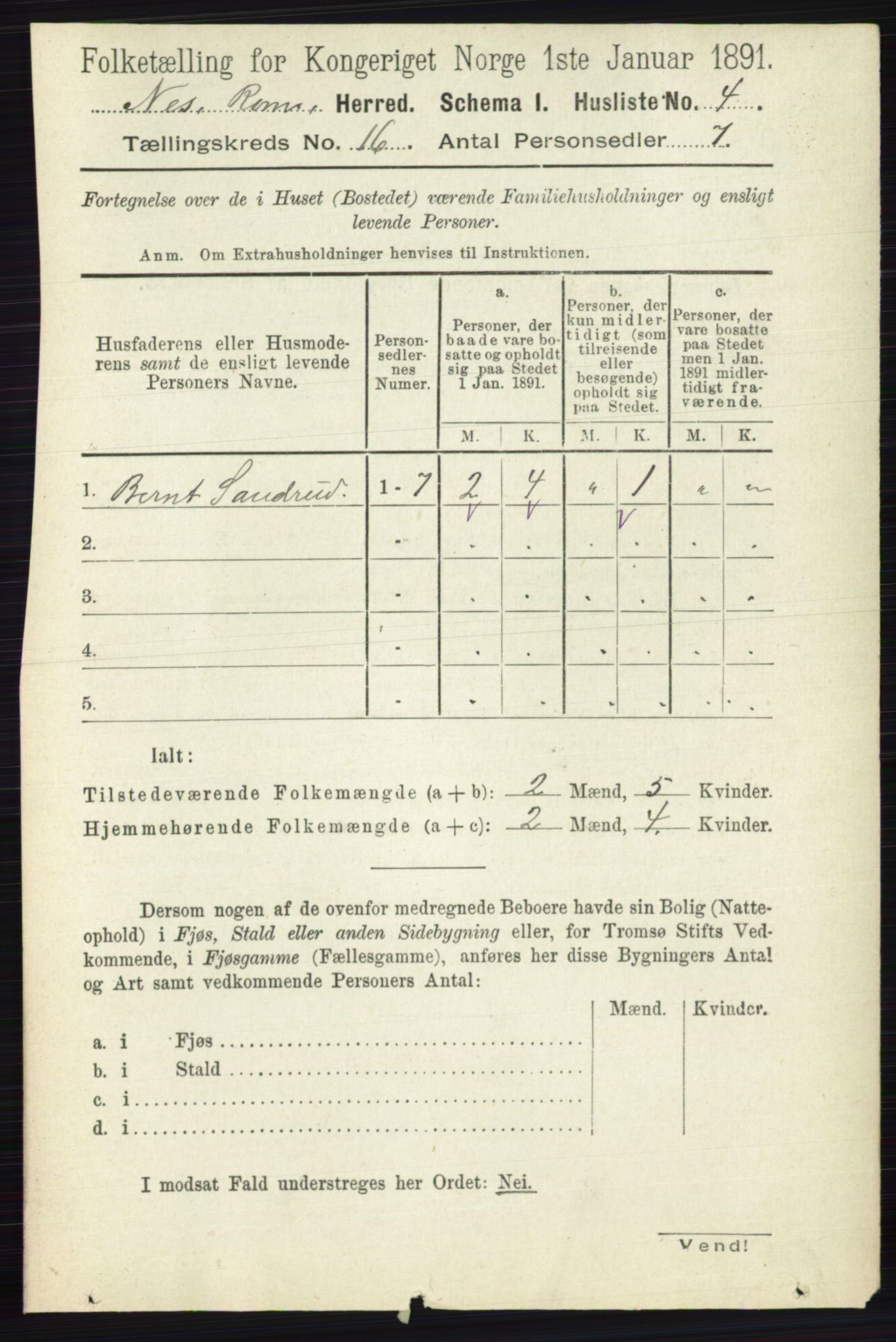 RA, 1891 census for 0236 Nes, 1891, p. 9502