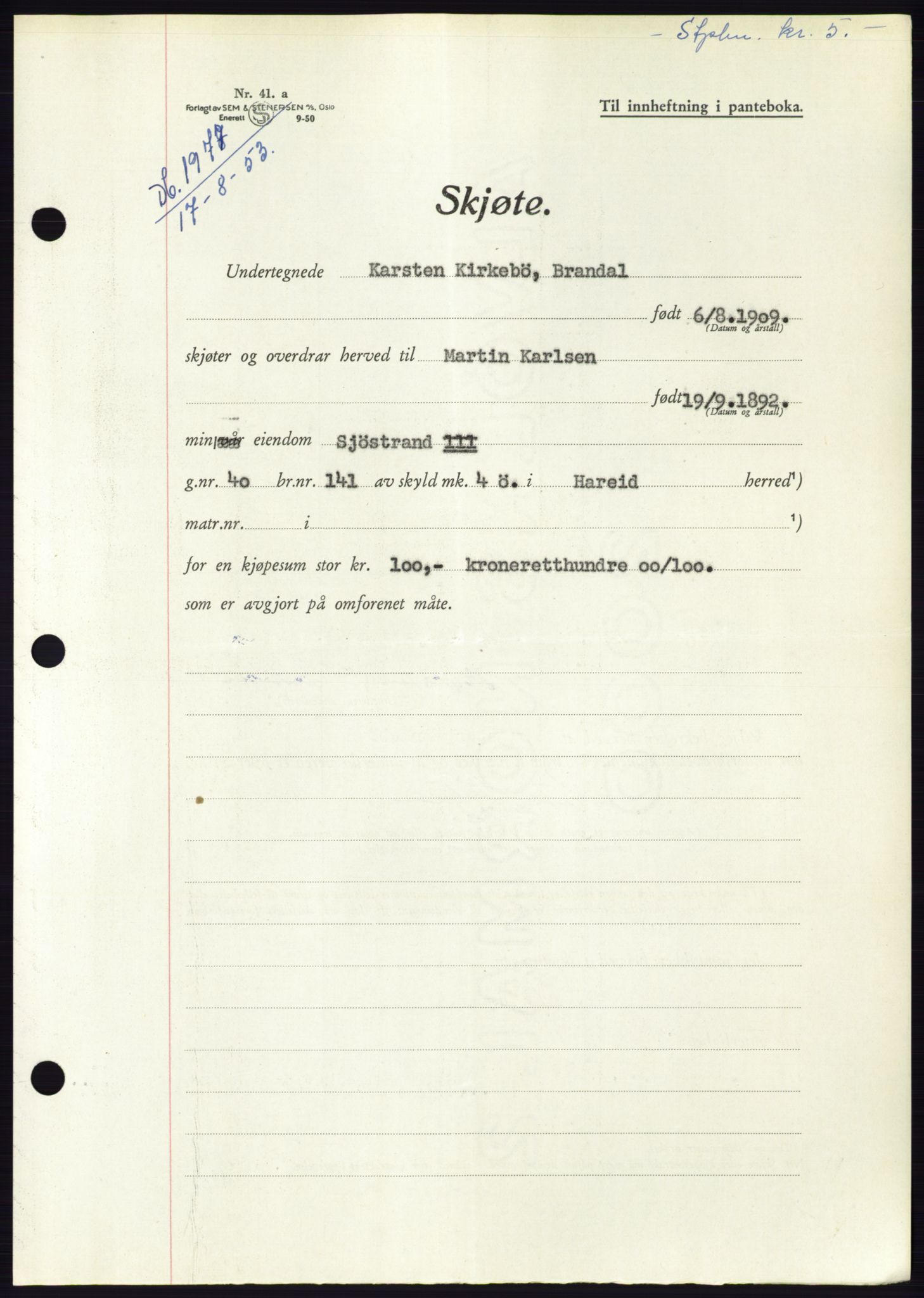 Søre Sunnmøre sorenskriveri, AV/SAT-A-4122/1/2/2C/L0095: Mortgage book no. 21A, 1953-1953, Diary no: : 1977/1953