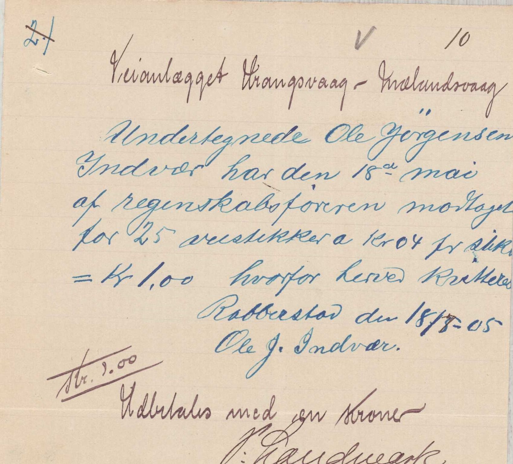 Finnaas kommune. Formannskapet, IKAH/1218a-021/E/Ea/L0002/0003: Rekneskap for veganlegg / Rekneskap for veganlegget Urangsvåg - Mælandsvåg, 1904-1905, p. 75