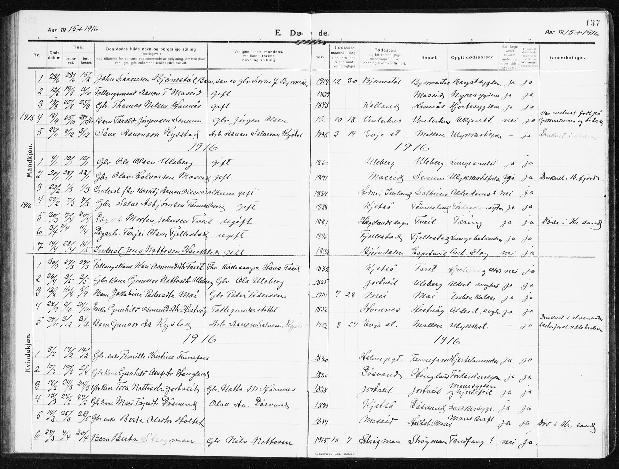 Evje sokneprestkontor, SAK/1111-0008/F/Fb/Fbb/L0003: Parish register (copy) no. B 3, 1910-1933, p. 137