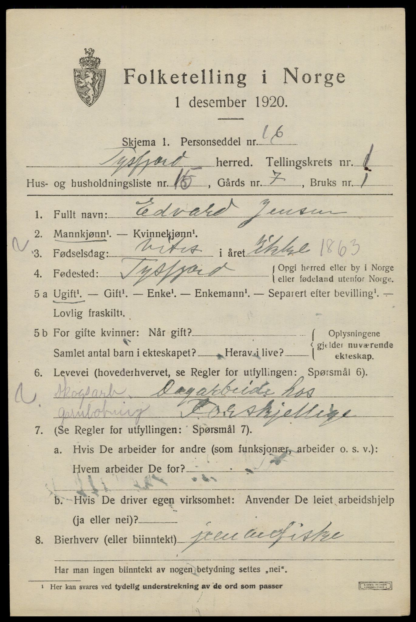 SAT, 1920 census for Tysfjord, 1920, p. 1223