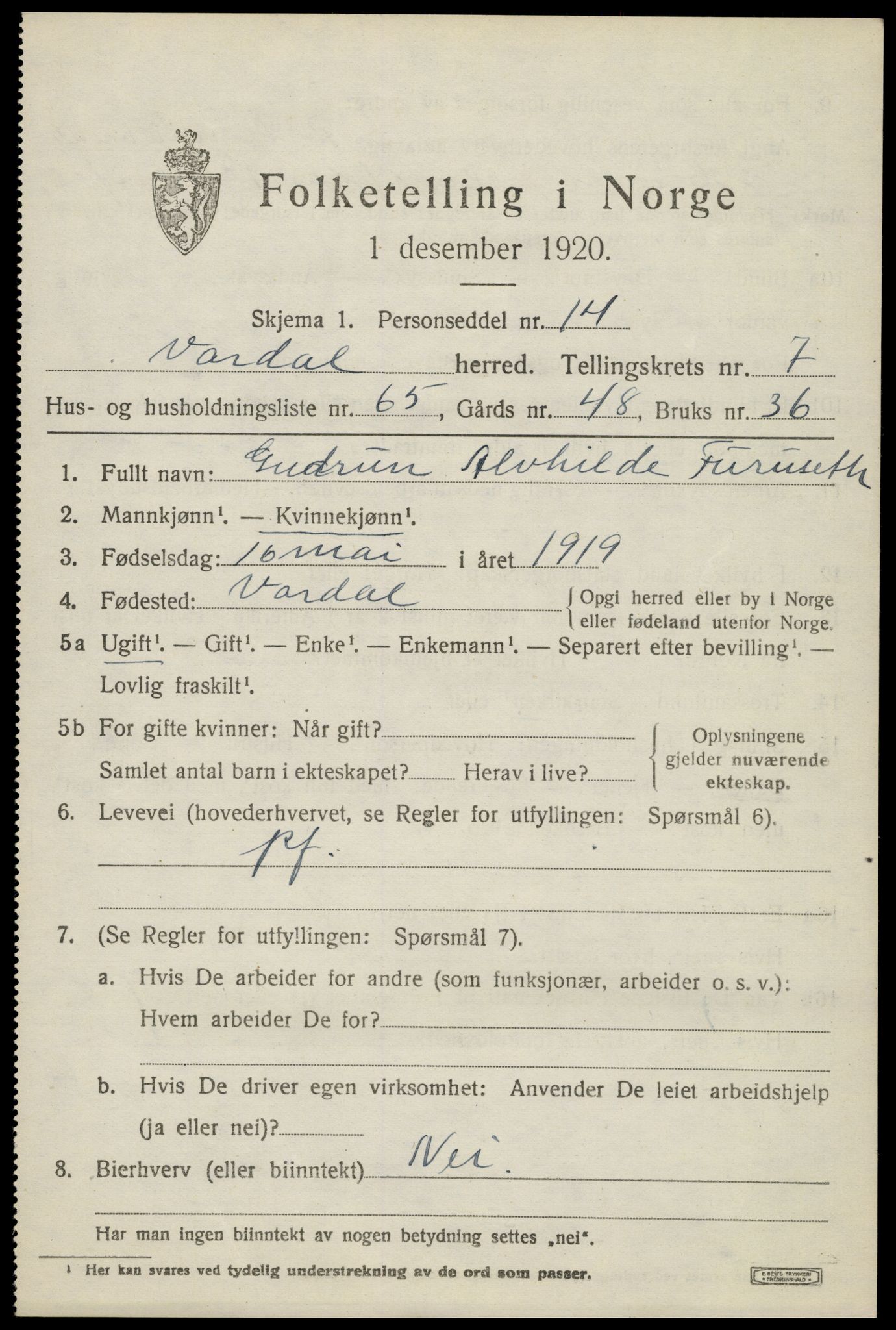 SAH, 1920 census for Vardal, 1920, p. 5727