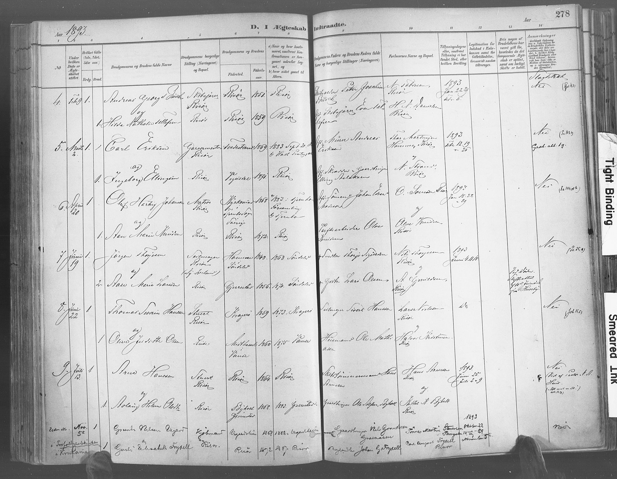 Risør sokneprestkontor, AV/SAK-1111-0035/F/Fa/L0005: Parish register (official) no. A 5, 1883-1895, p. 278