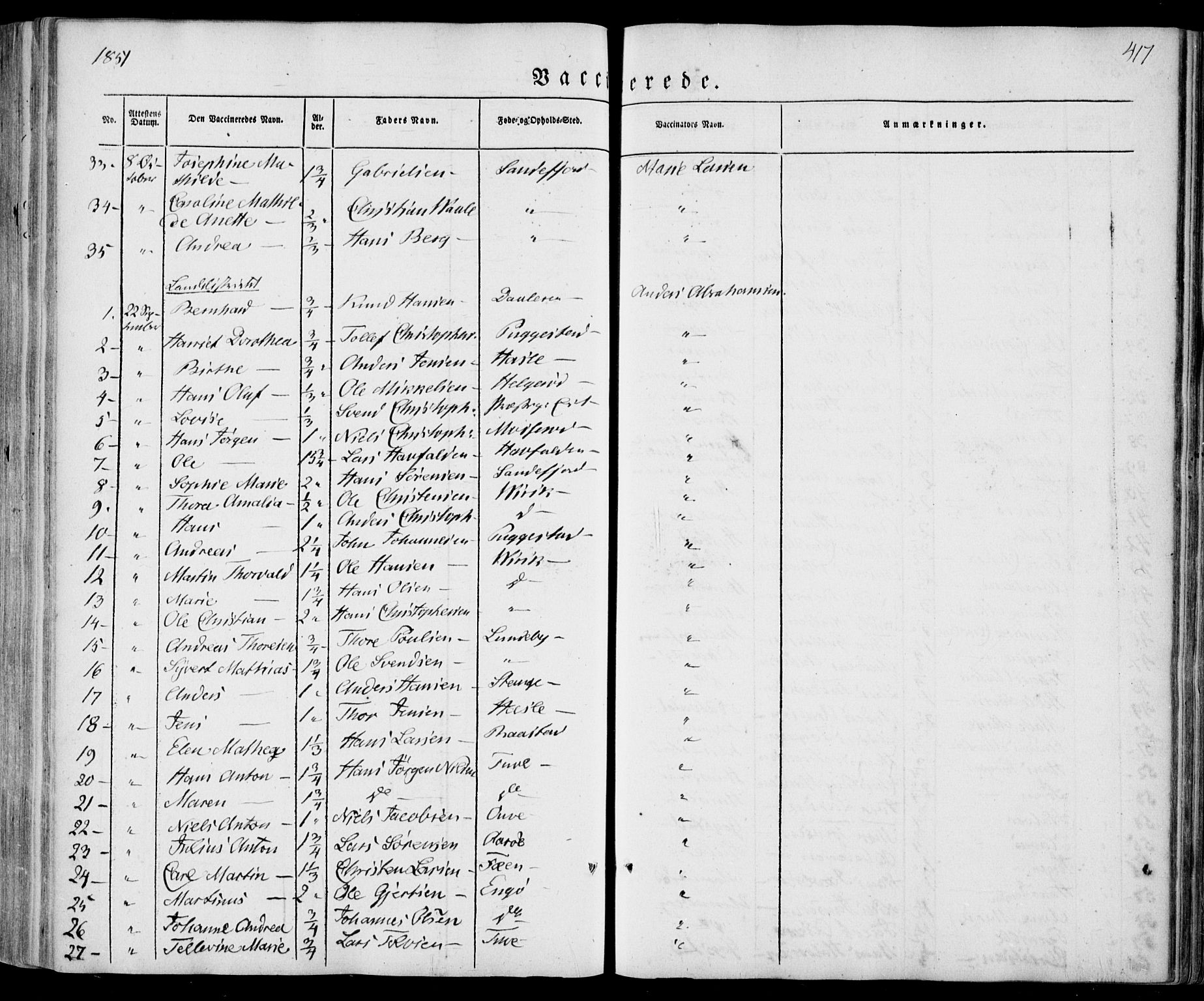 Sandar kirkebøker, SAKO/A-243/F/Fa/L0006: Parish register (official) no. 6, 1847-1860, p. 417
