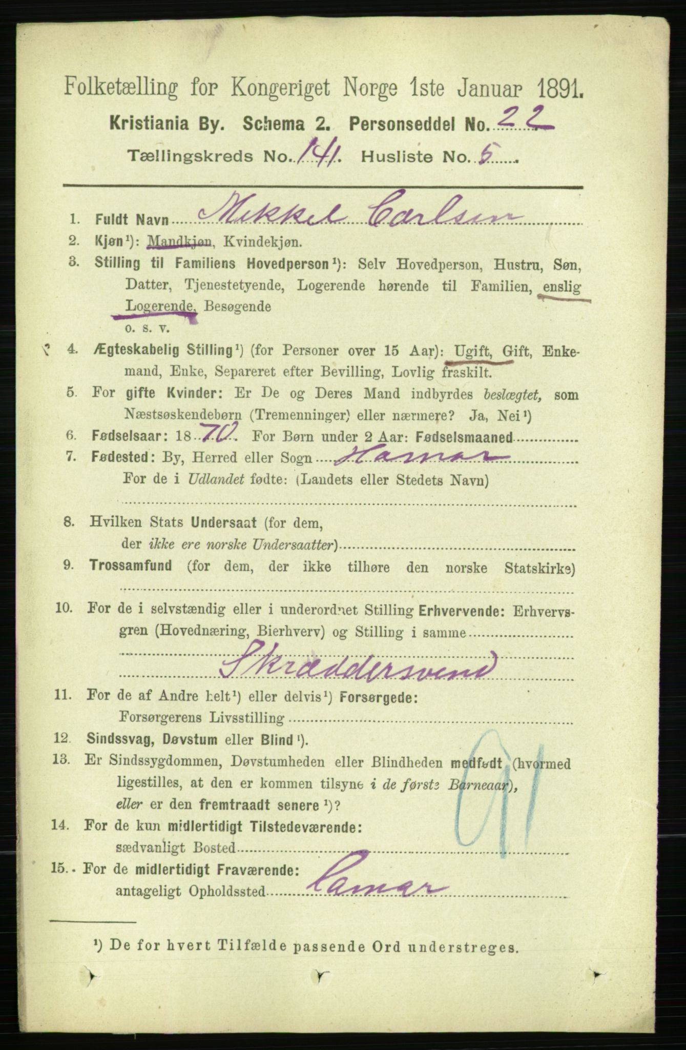 RA, 1891 census for 0301 Kristiania, 1891, p. 78222