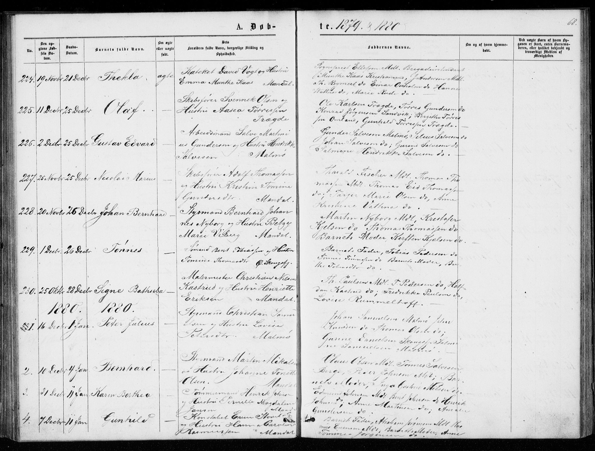 Mandal sokneprestkontor, SAK/1111-0030/F/Fb/Fba/L0010: Parish register (copy) no. B 4, 1876-1880, p. 68