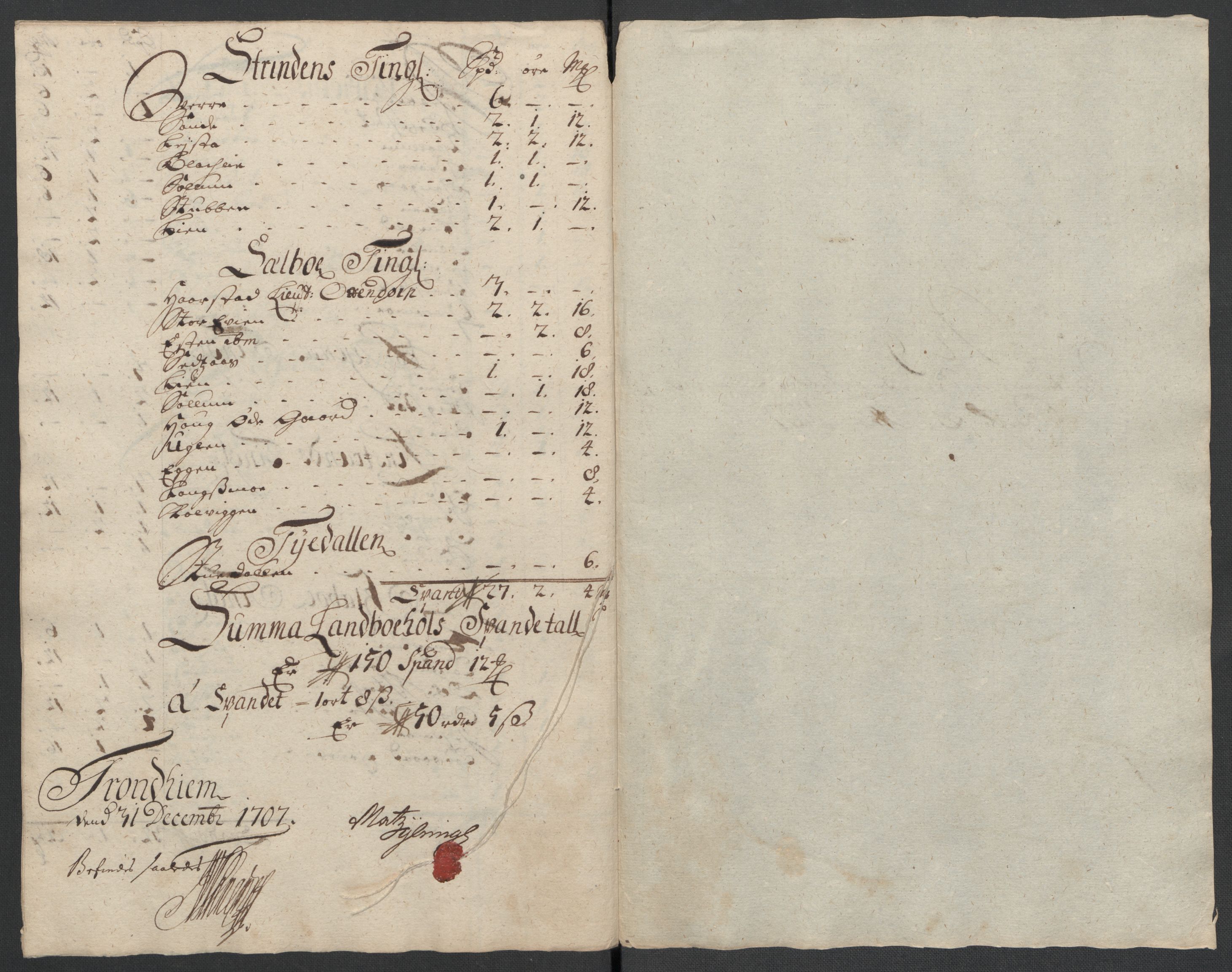 Rentekammeret inntil 1814, Reviderte regnskaper, Fogderegnskap, RA/EA-4092/R61/L4110: Fogderegnskap Strinda og Selbu, 1707-1708, p. 126