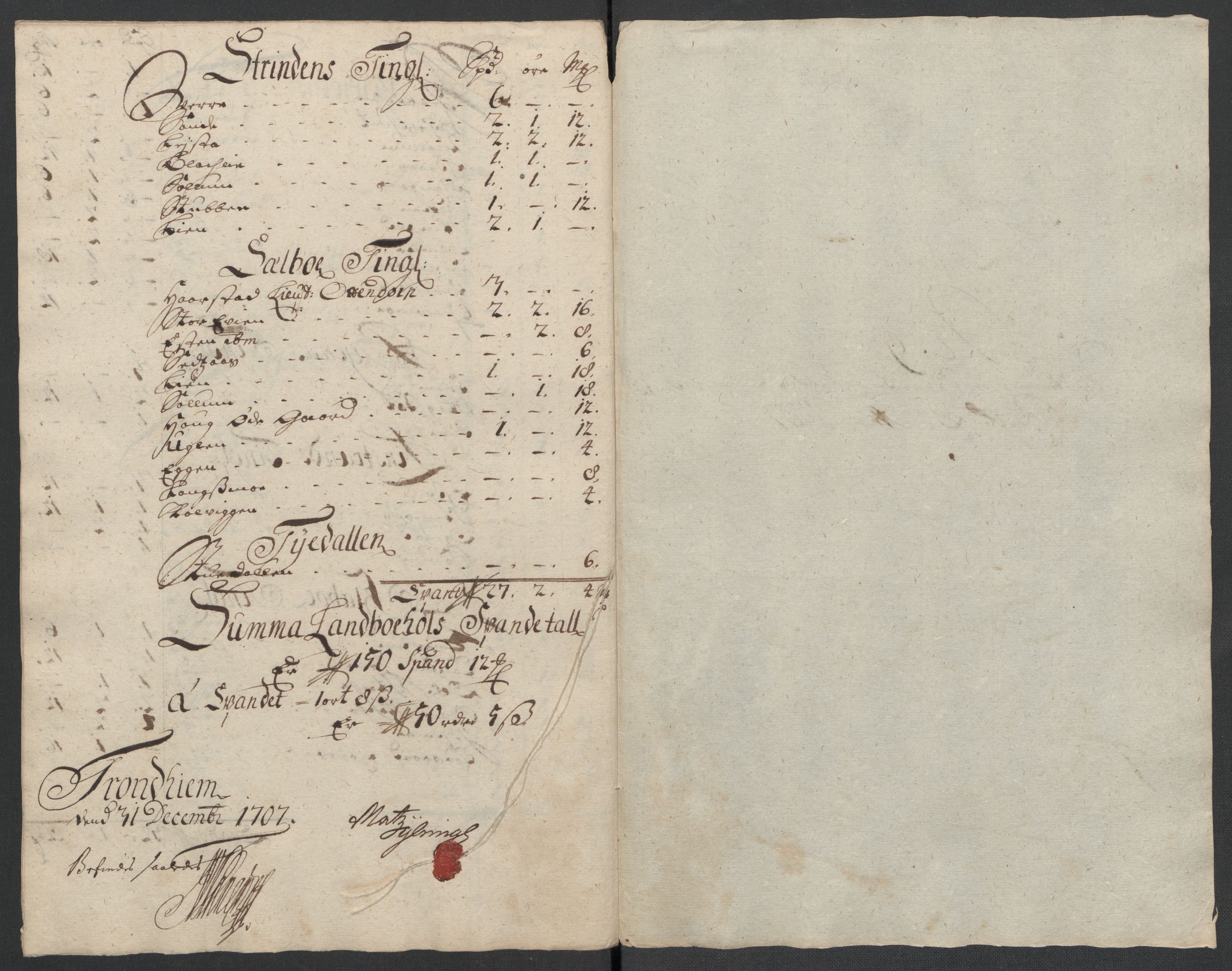 Rentekammeret inntil 1814, Reviderte regnskaper, Fogderegnskap, AV/RA-EA-4092/R61/L4110: Fogderegnskap Strinda og Selbu, 1707-1708, p. 126