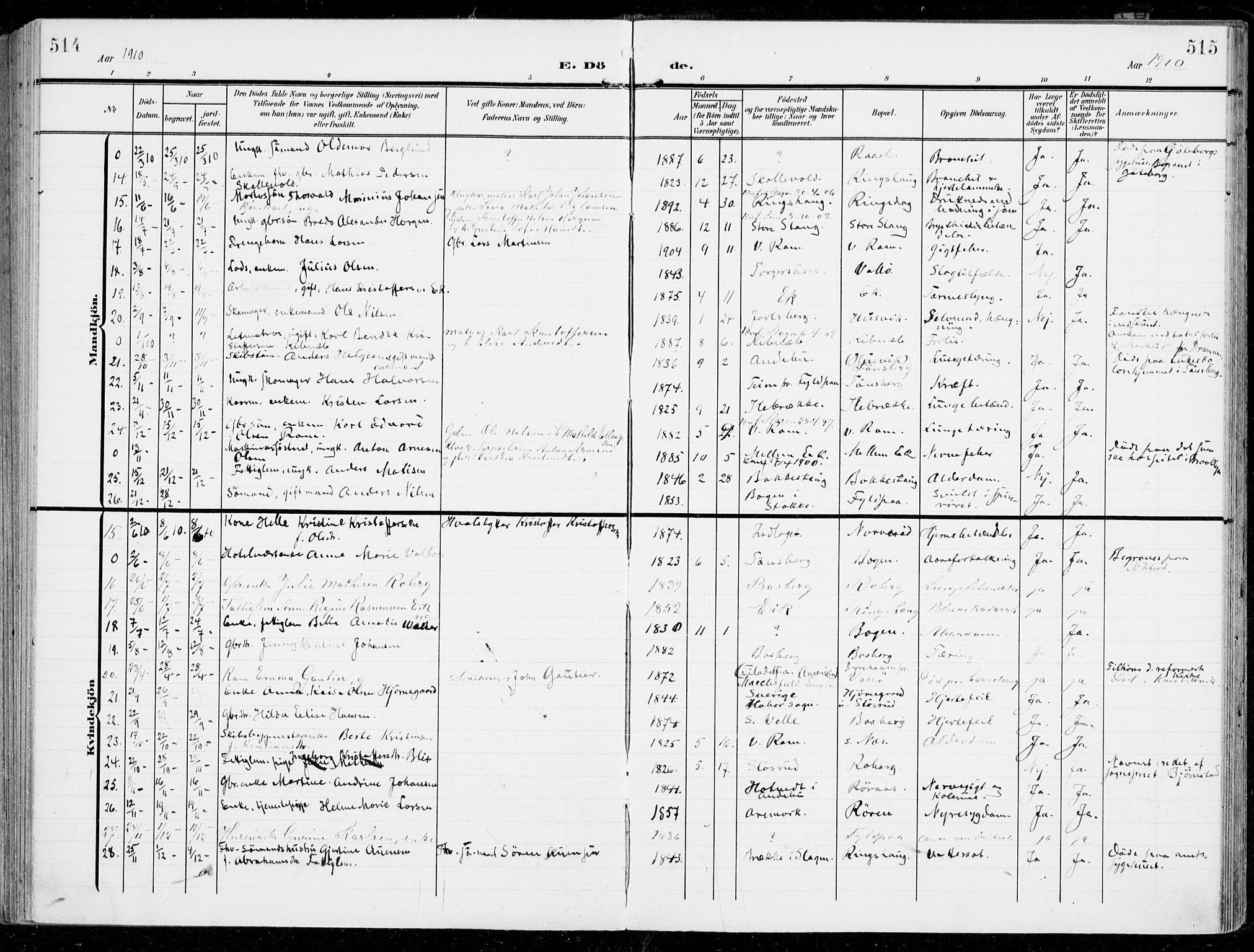Sem kirkebøker, SAKO/A-5/F/Fb/L0006: Parish register (official) no. II 6, 1905-1918, p. 514-515